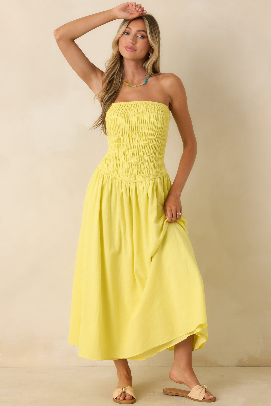 Women's Stay Awhile Yellow Smocked Cotton Maxi Dress | Size: M