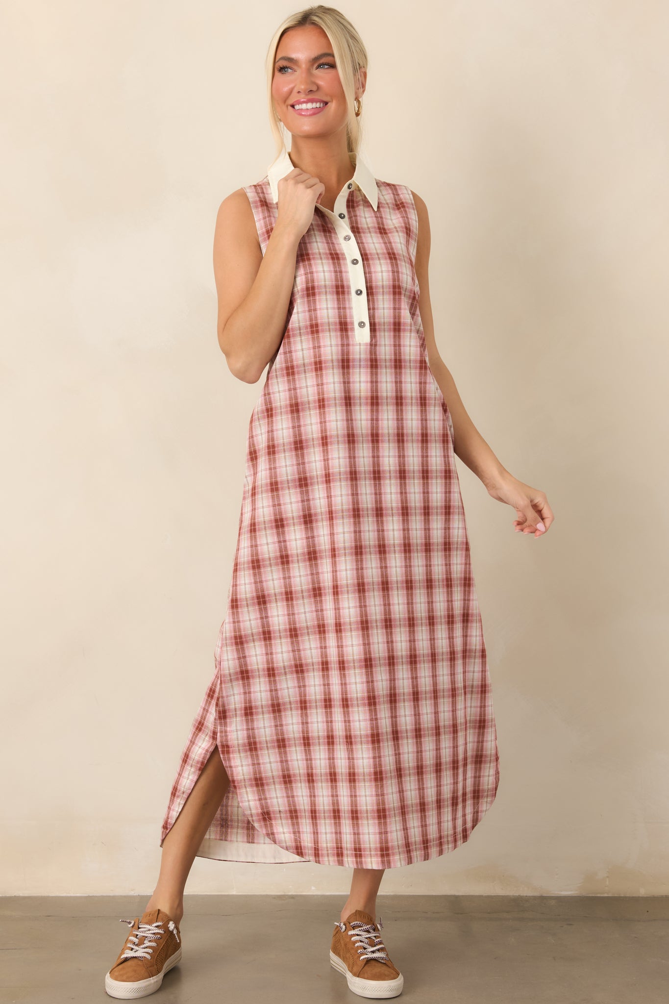 Small Town Story Pink Plaid Cotton Midi Dress | Entro