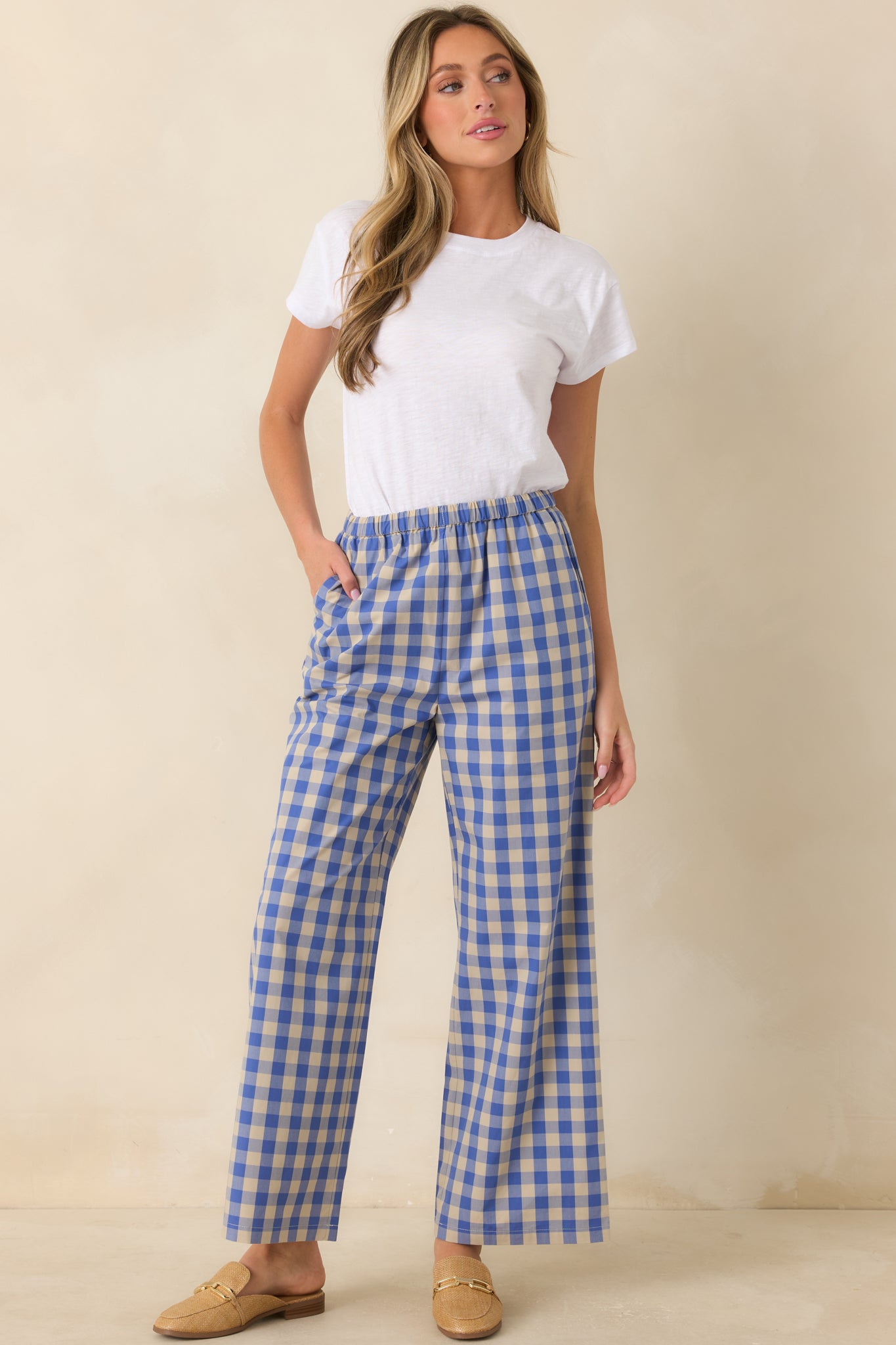 Maris Azure Blue Gingham Cotton Pants | FRNCH