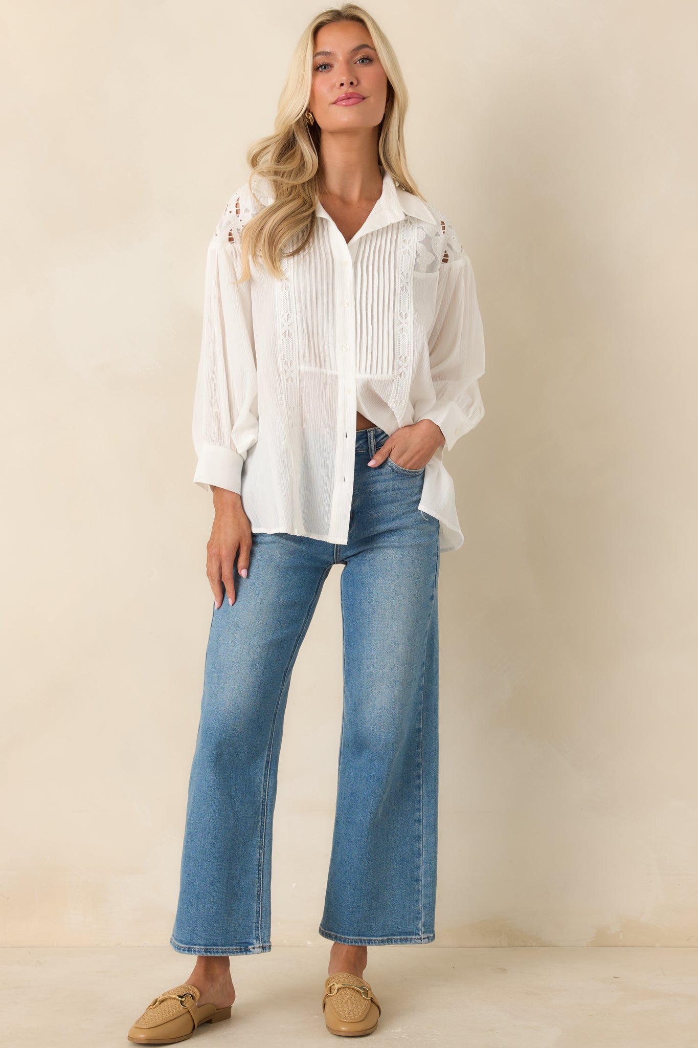 Red Dress | Ivory Gauzy Cotton Lace Detail Blouse - All Tops