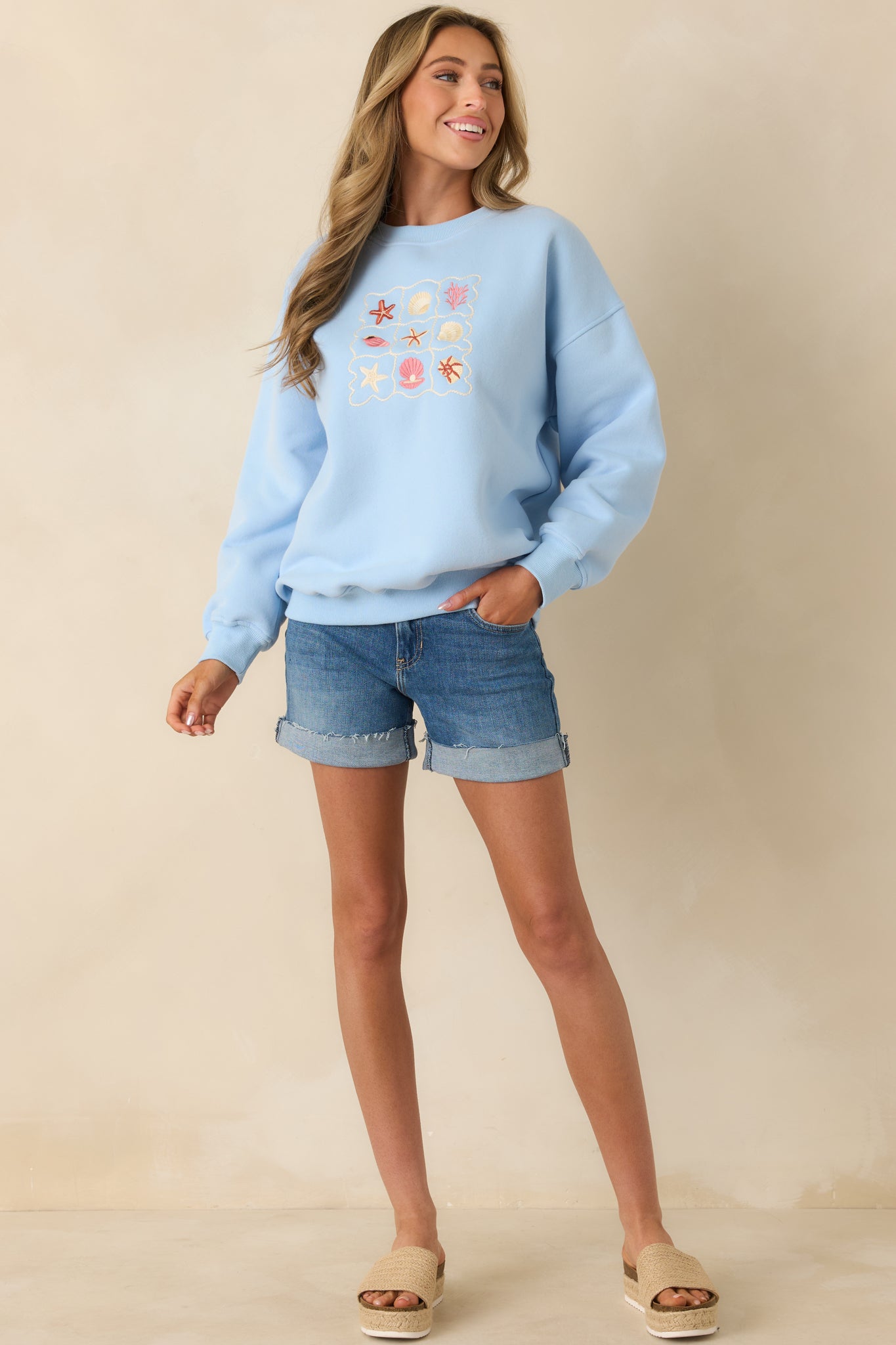 Relaxed-fit light blue sweatshirt designed with ribbed cuffs, hem, and neckline, finished with embroidered detailing.