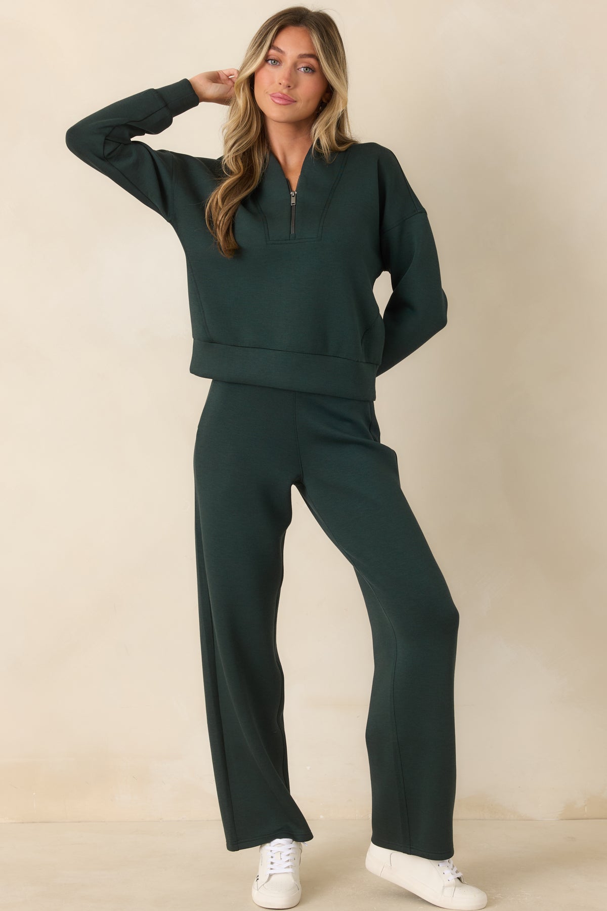 Relaxed long sleeve top featuring four-way stretch fabric and a modern shawl collar design.