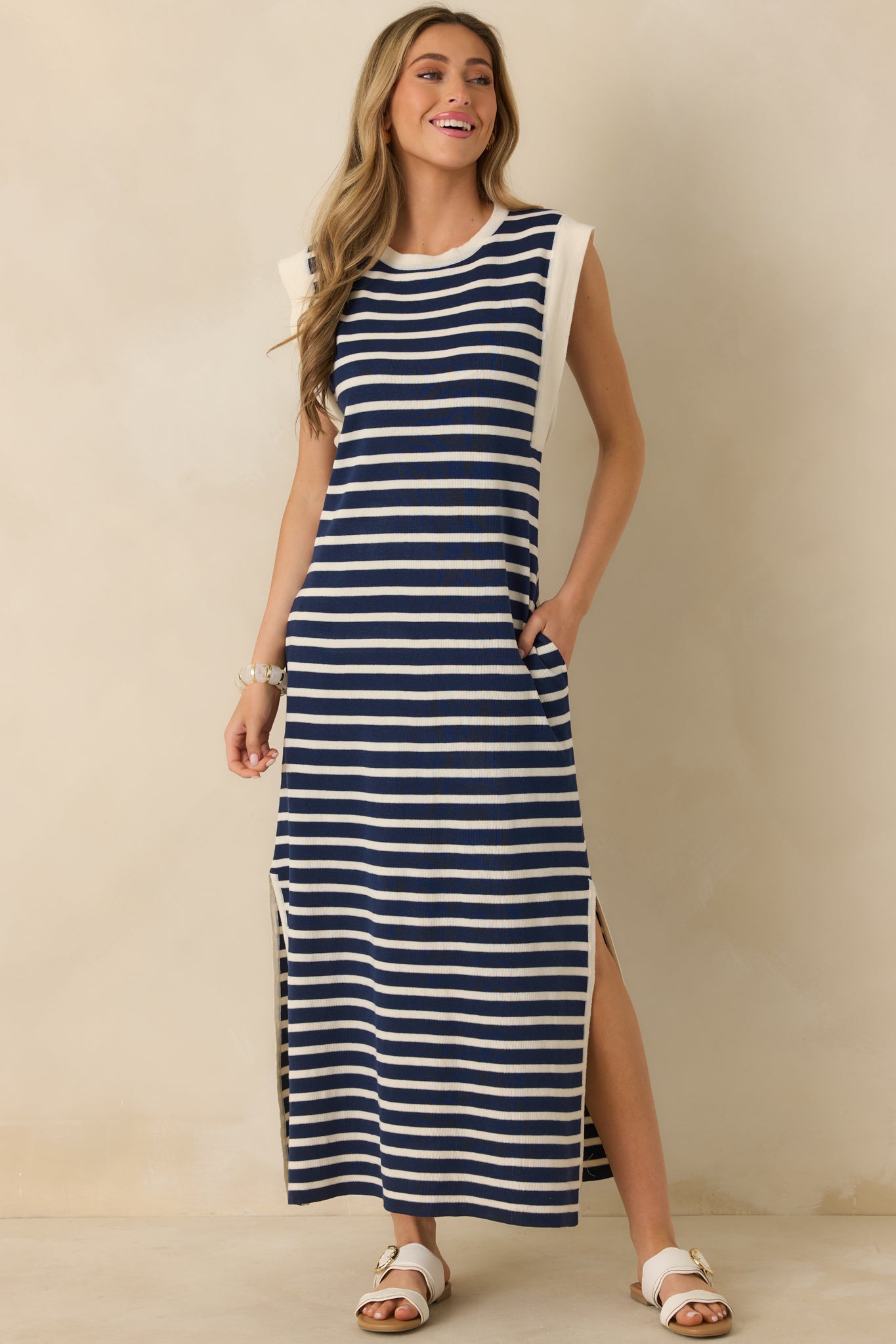 Women's Keep It Straight Navy Stripe Stretch Knit Maxi Dress | Size: M | Red Dress Women's Keep It Straight Navy Stripe Stretch Knit Maxi Dress | Size: M | Red Dress