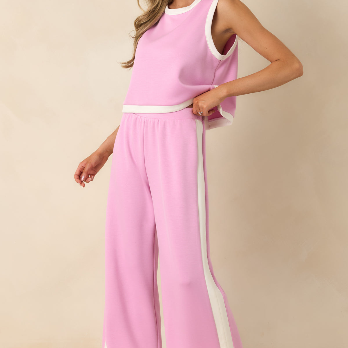 Orchid Pink Stretch Knit Contrast Trim Pants - All Bottoms | Red Dress