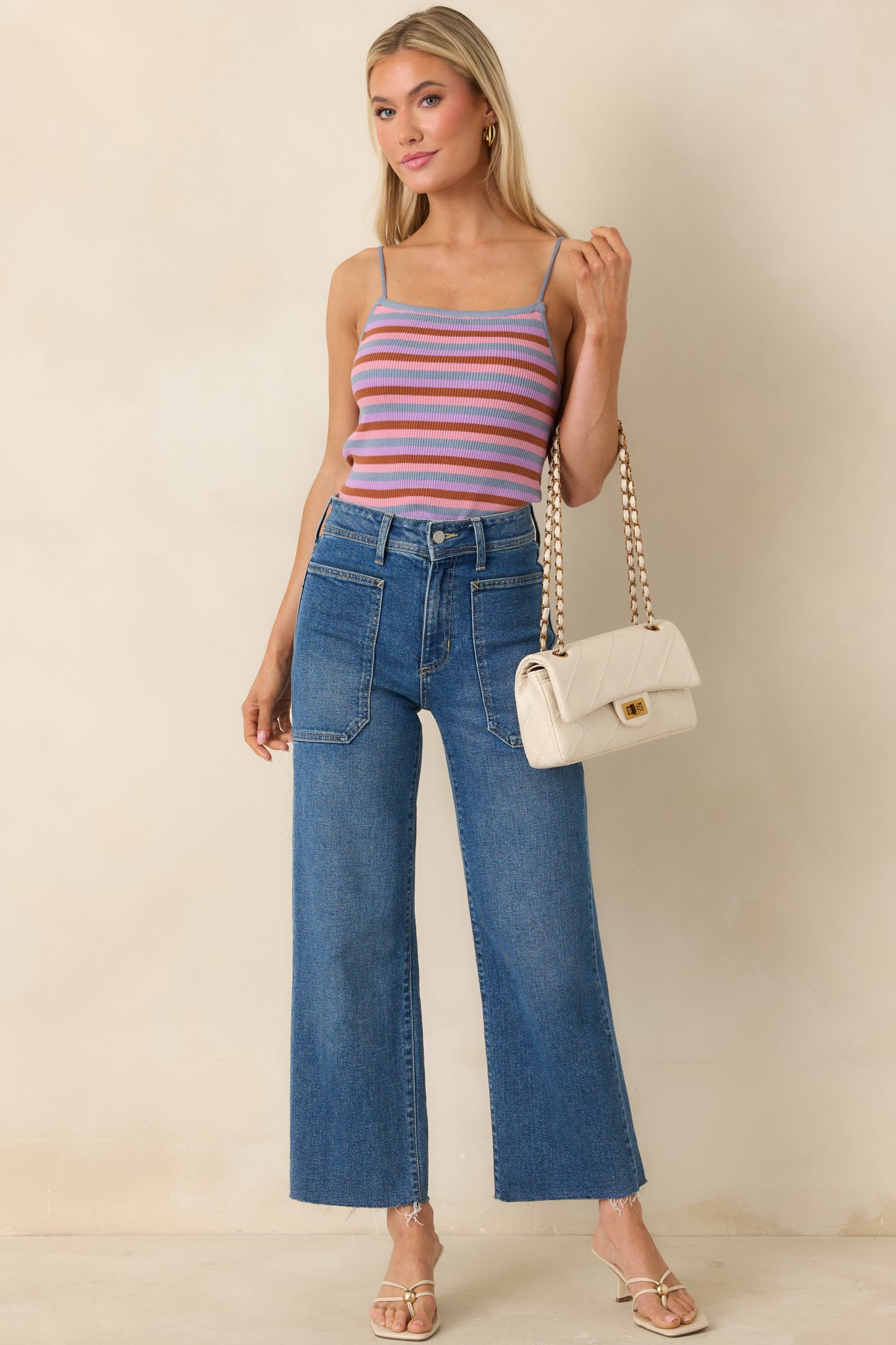 FRNCH Corallia Light Blue Multi Stripe Knit Tank Top | Red Dress