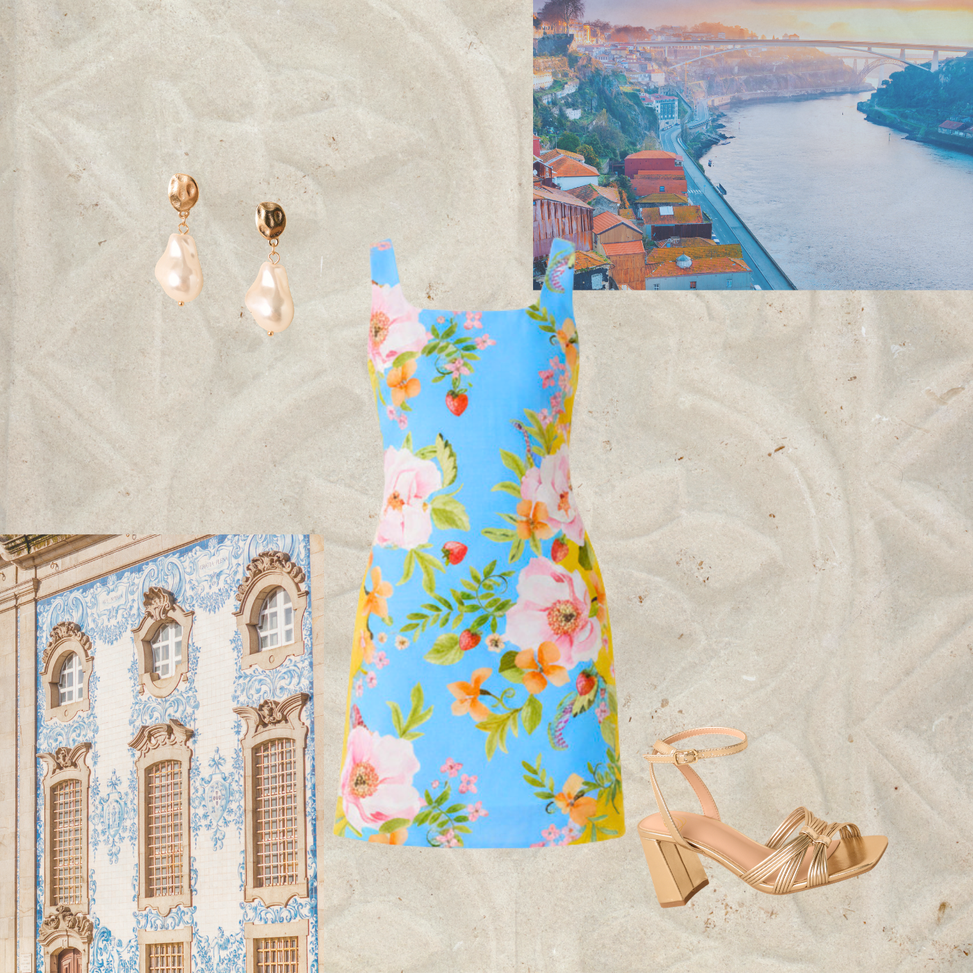 Cut out of a blue and yellow, floral mini dress in front of a textured stone background and photos of Portugal.