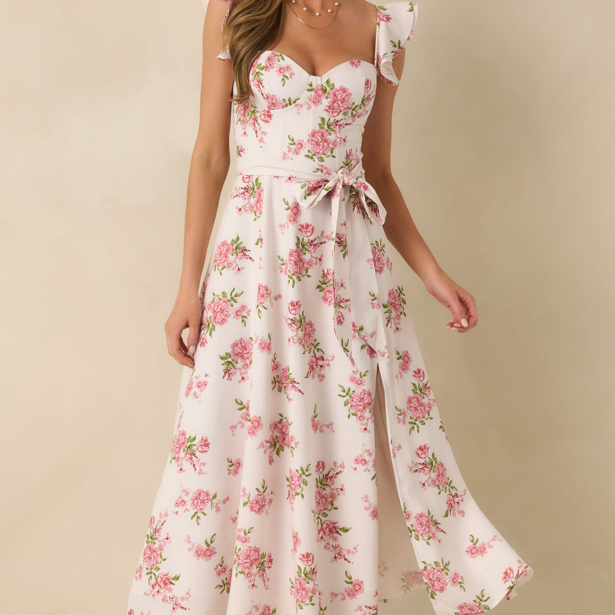 rose print formal dress Aimee Pink Floral Bustier Maxi C普通款