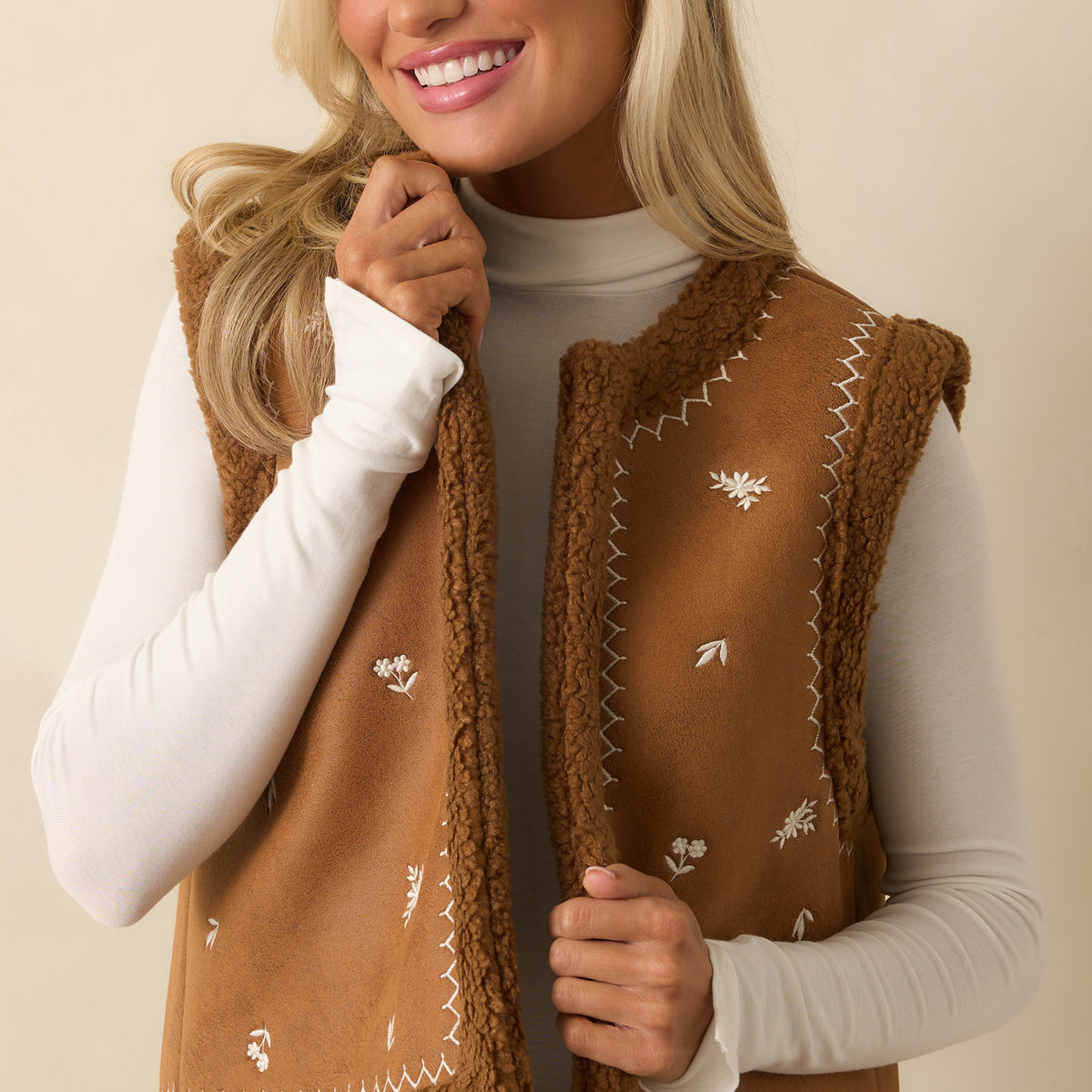 Brown Faux Suede Floral Embroidered Vest - Women's Vest | Red Dress