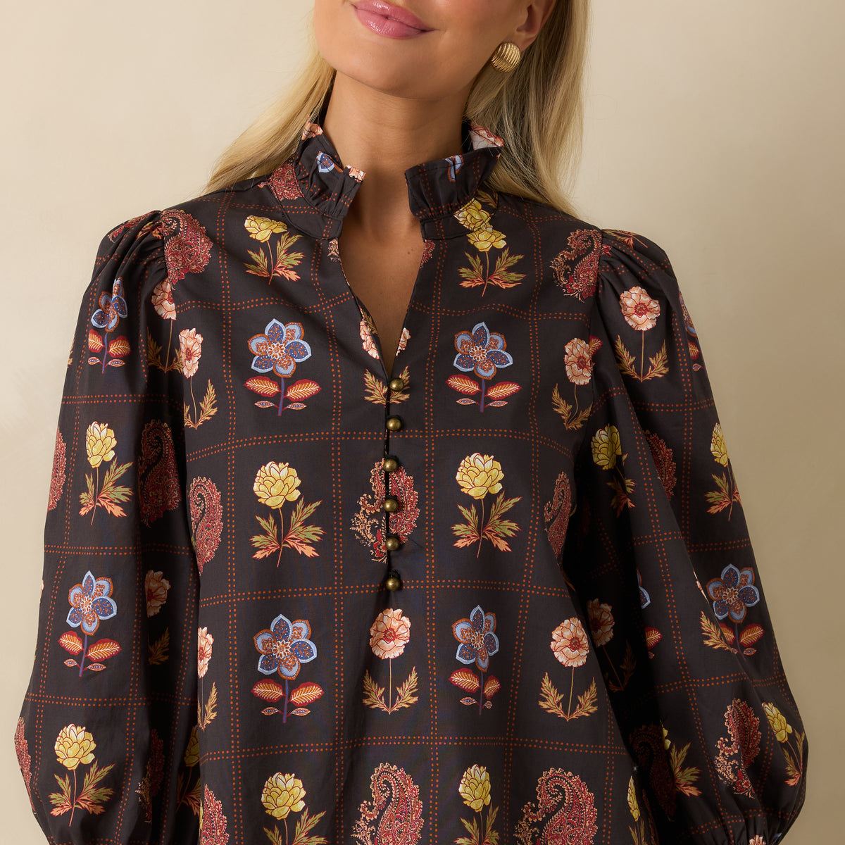 Black Multi Floral Cotton Puff Sleeve Blouse - Women