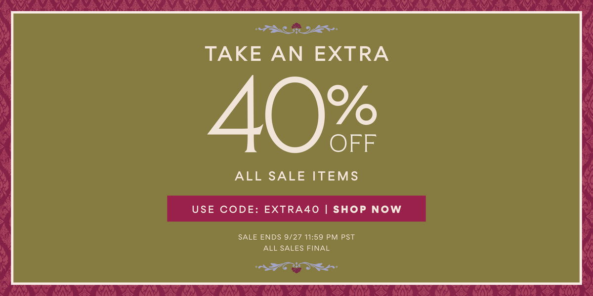 Promotional banner advertising an extra 40% off all sale items with code EXTRA40, valid through September 27 at 11:59 PM PST. All sales are final.
