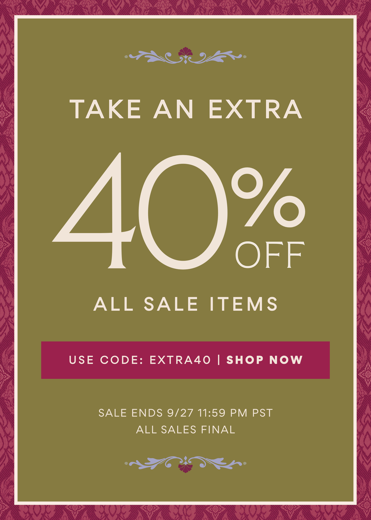 Promotional banner advertising an extra 40% off all sale items with code EXTRA40, valid through September 27 at 11:59 PM PST. All sales are final.