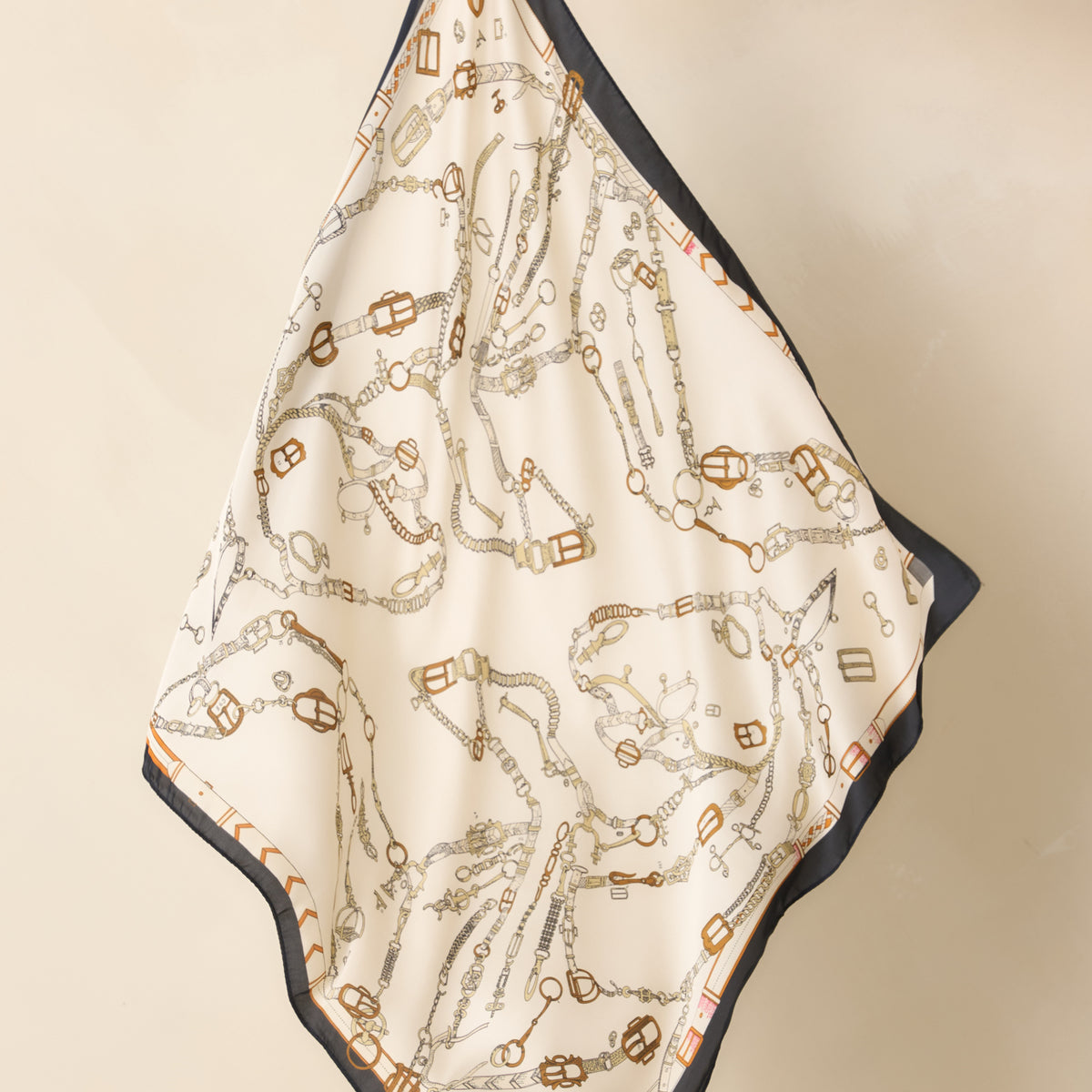 Linked in Style Ivory & Black Hardware Print Satin Scarf | Red Dress