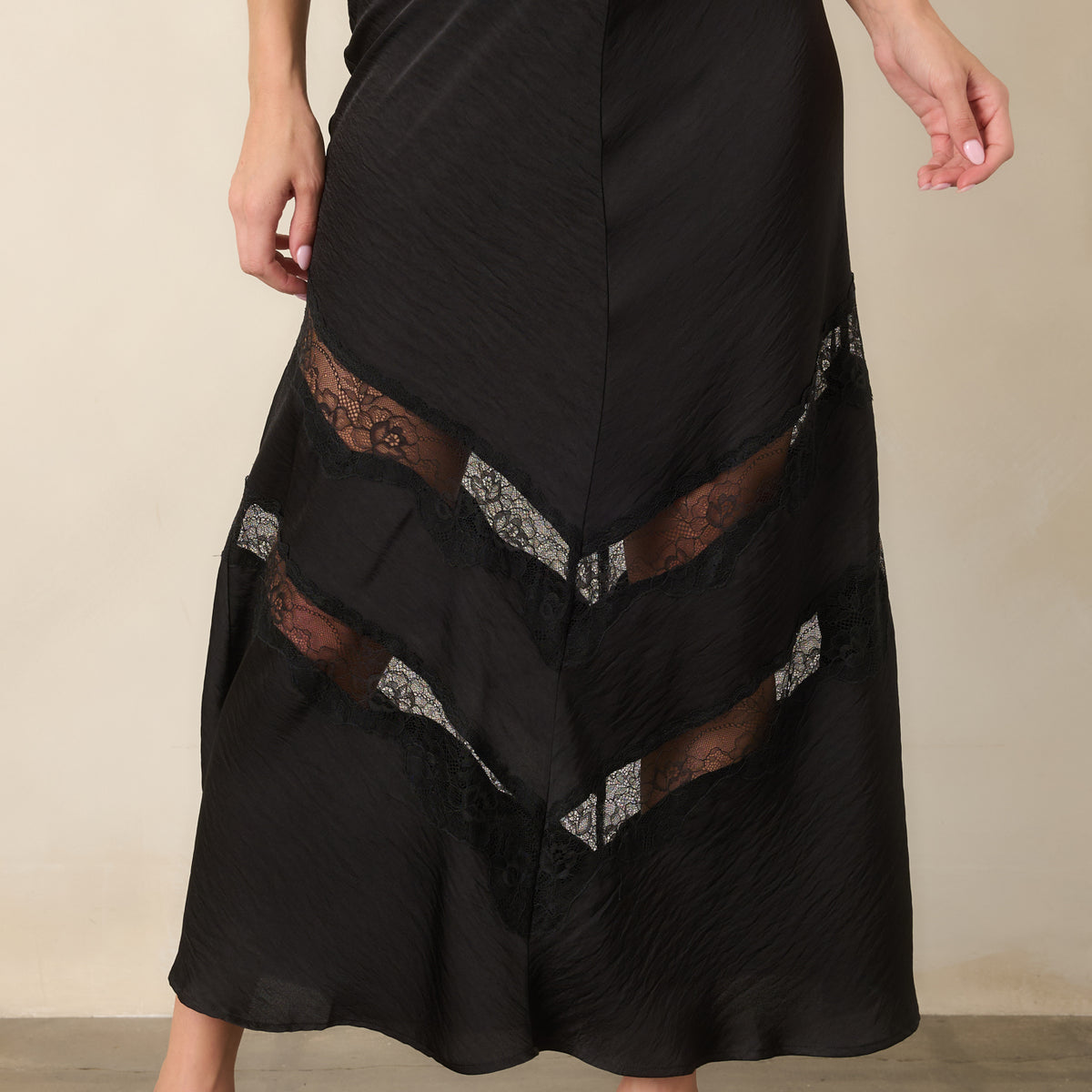 Kori Black Satin Lace Inset Midi Skirt | Z Supply