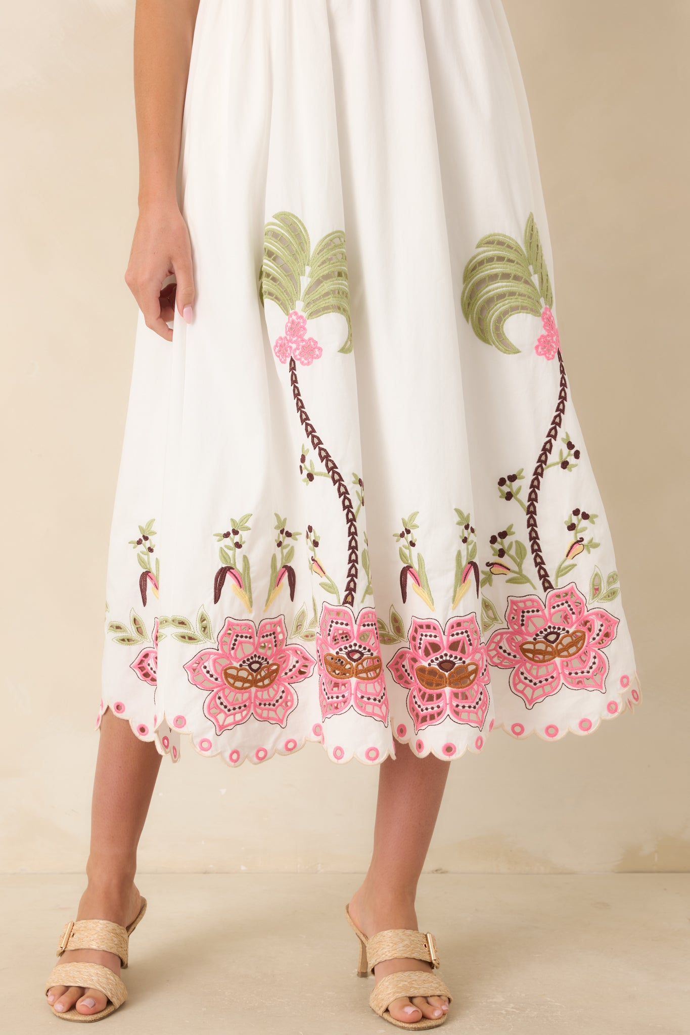 Pink Paradise White Floral Embroidered Cotton Midi Dress | Red Dress