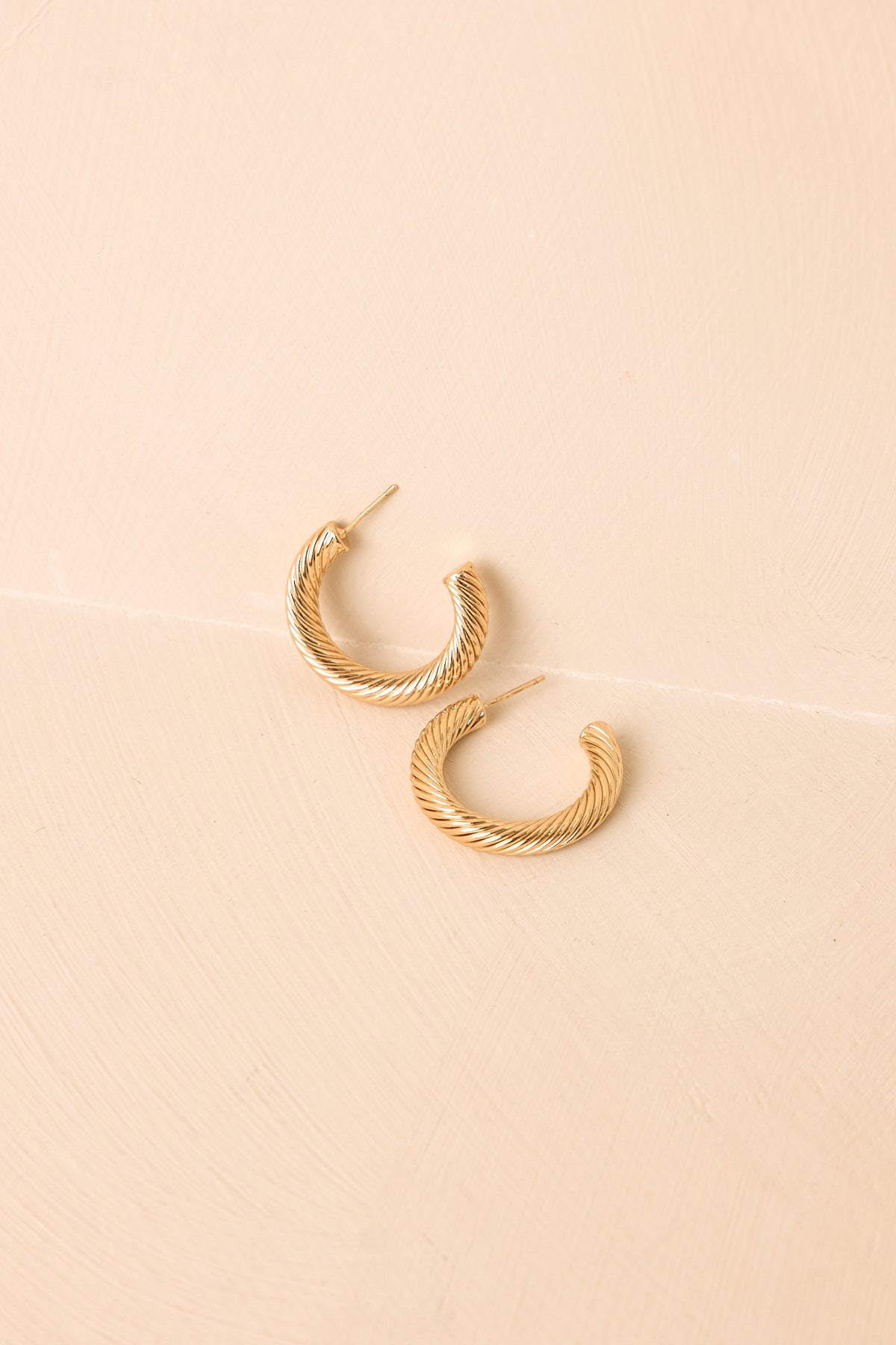 Medium-sized hoop earrings featuring a sculpted rope texture that adds dimension and shine to the classic silhouette.