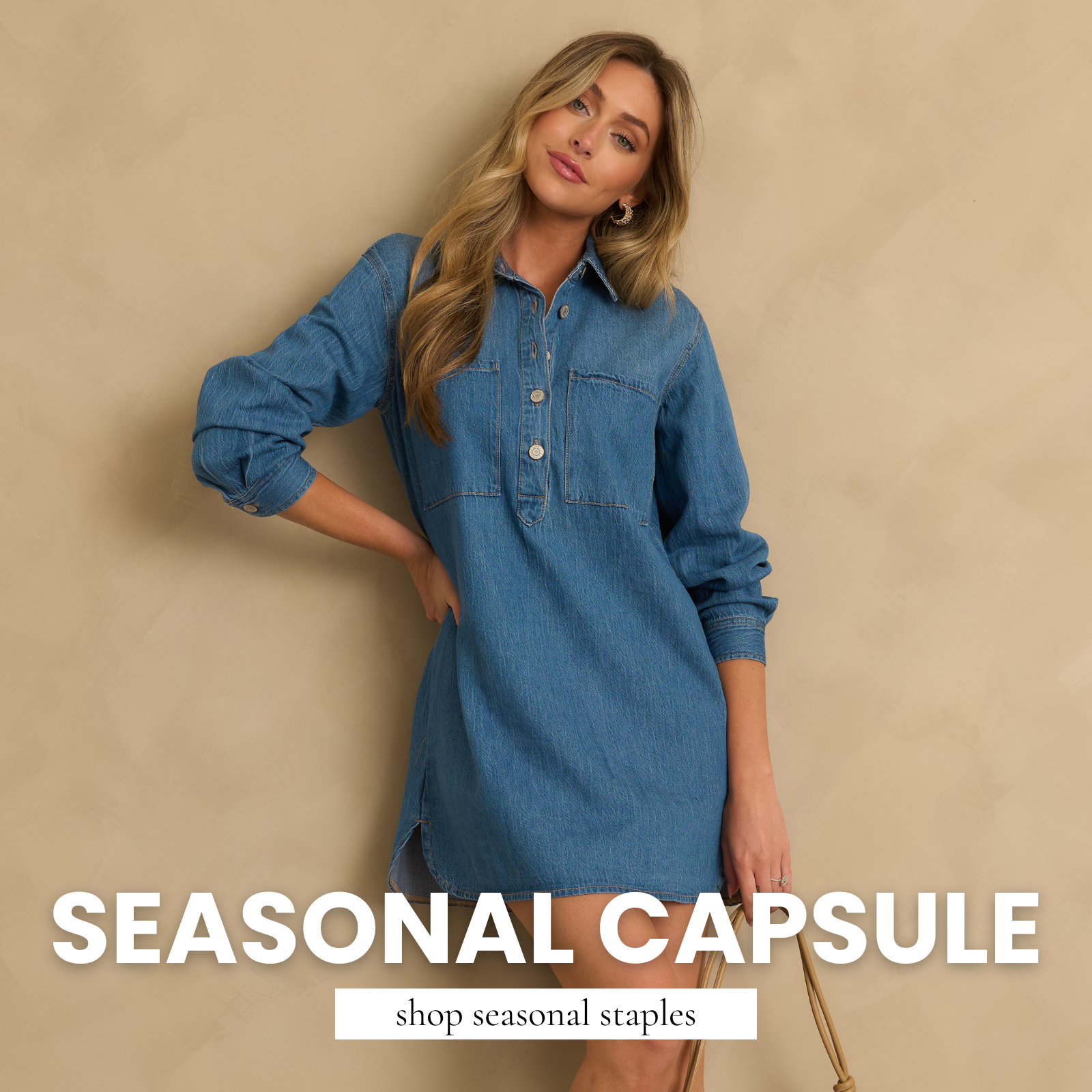 Model wearing a denim mini dress. Seasonal Capsule. Shop seasonal staples.