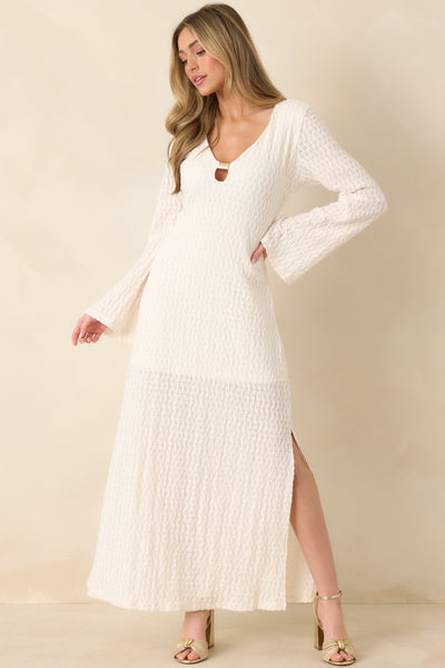 long sleeve sheer white dress Women's Just a Hint of Glam Ivory Textured Semi-Sheer Long Sleeve Maxi Dress | Size: L