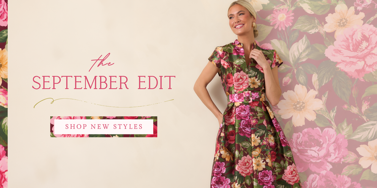 Model wearing a pink and green floral dress. Text reads: "The September Edit. Shop New Styles".