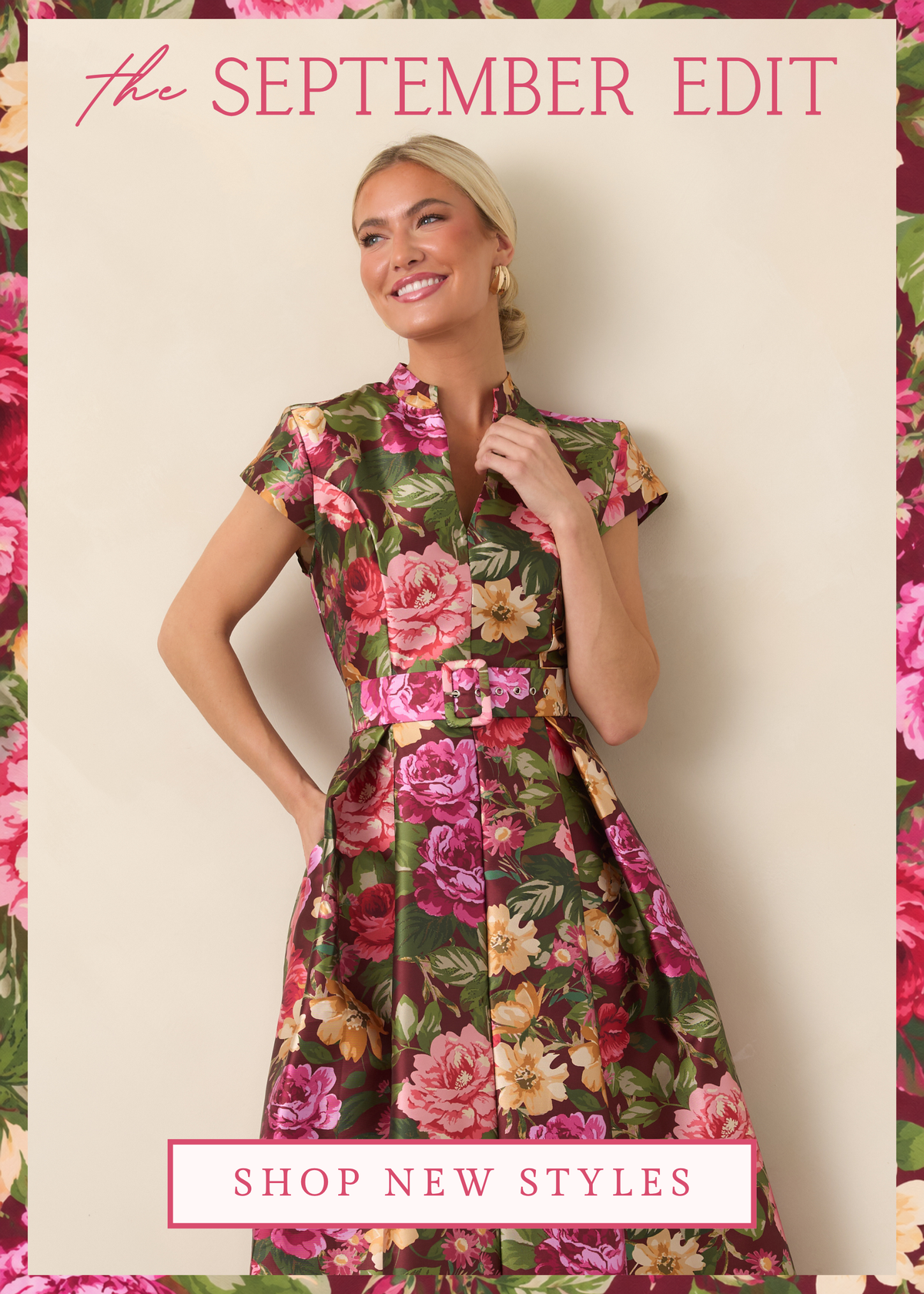 Model wearing a pink and green floral dress. Text reads: "The September Edit. Shop New Styles".
