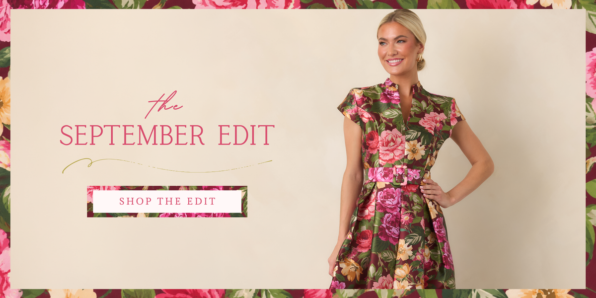 Model wearing a pink and green floral dress. Text reads: "The September Edit. Shop The Edit".