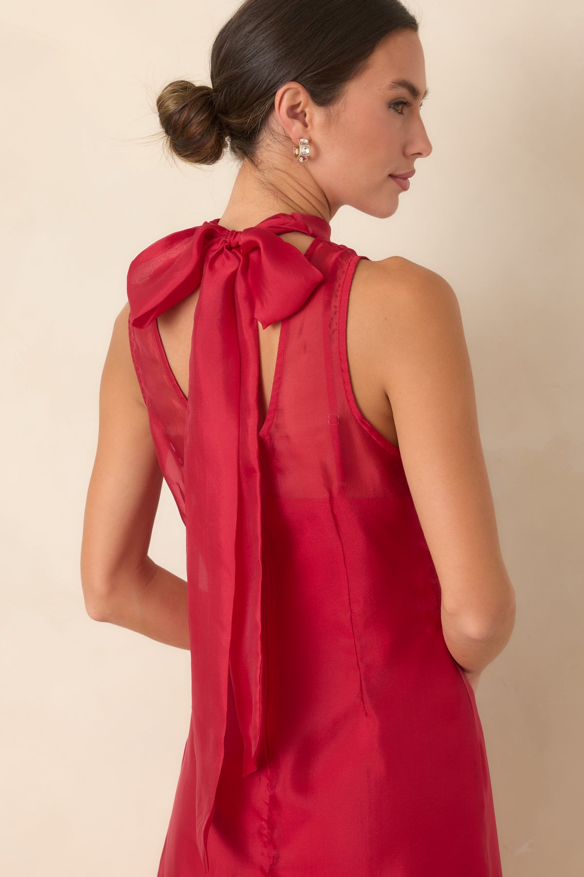 Close-up of the sheer organza dress showing the dramatic back tie, keyhole opening, and concealed zipper.