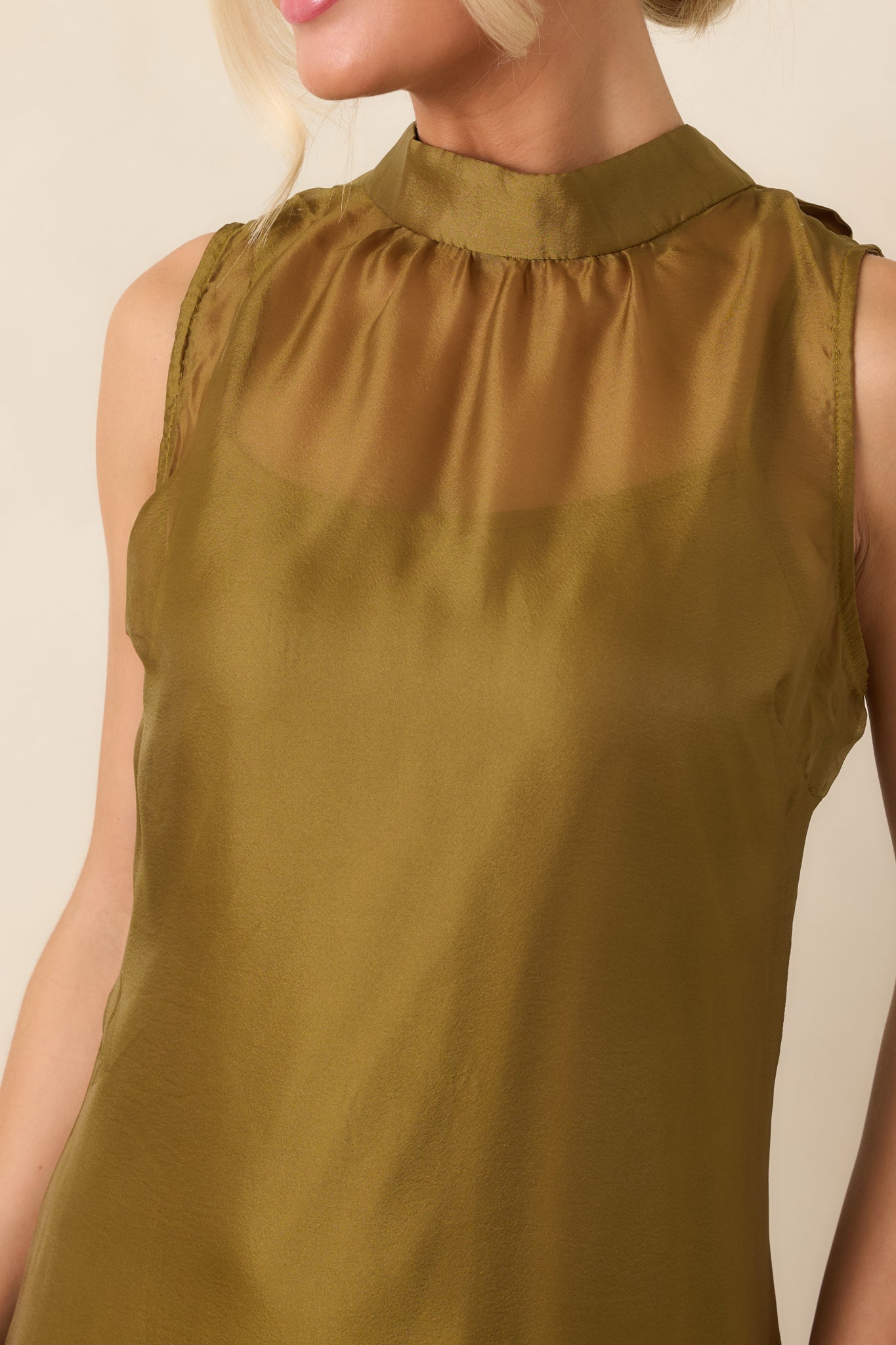 Close-up of the sheer organza dress highlighting the delicate overlay, high neckline, fine fabric texture, and softly gathered skirt detail.