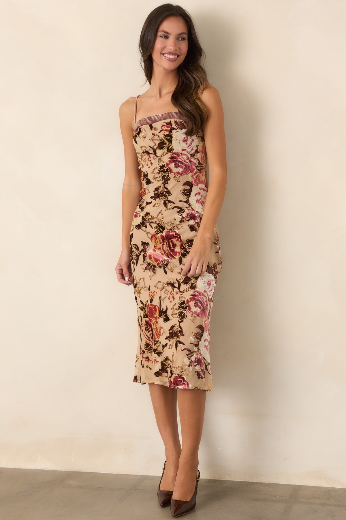 Sheer outer layer dress with multicolor velvet roses, tonal straight neckline trim, adjustable straps, and gently flared midi silhouette.