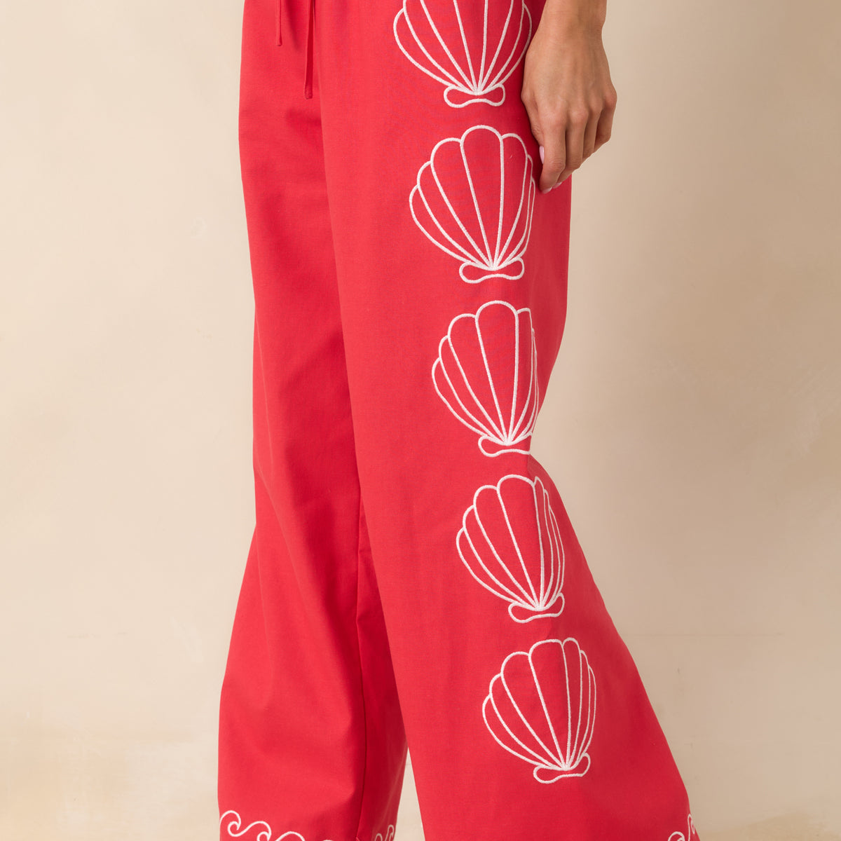 Red Dress | Red Shell Embroidered Wide Leg Pants - All Bottoms