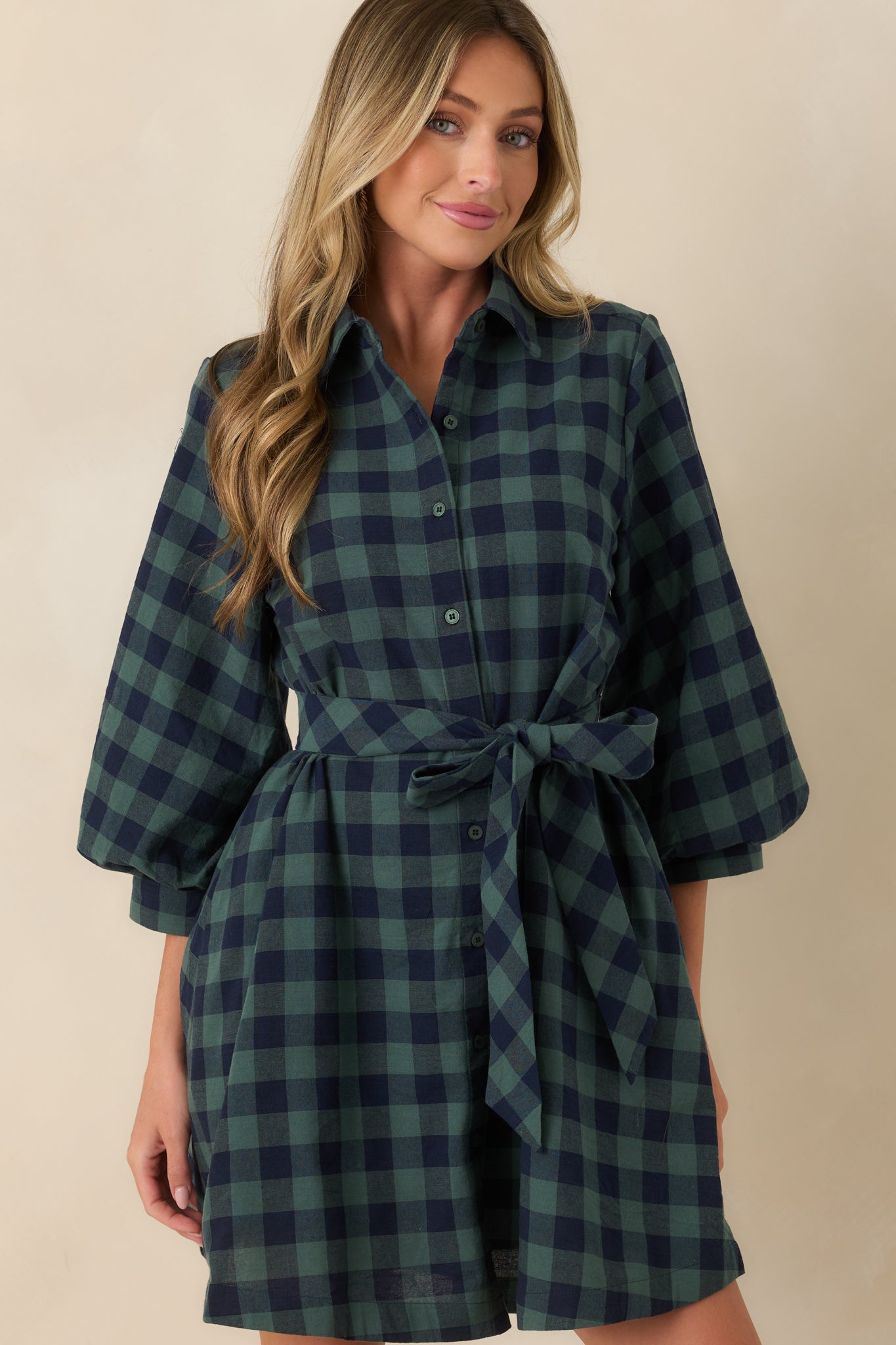 Worth Considering Navy & Jade Cotton Plaid Mini Shirt Dress