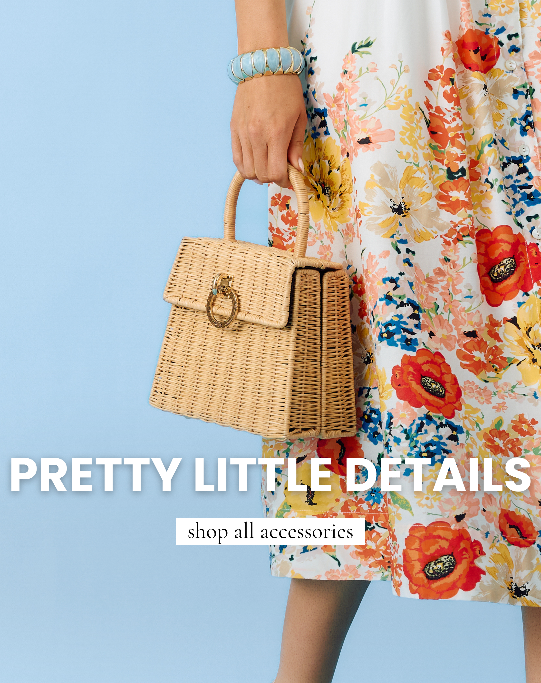Model holding a woven wicker handbag while wearing a colorful floral dress, women’s boutique banner linking to shop all accessories