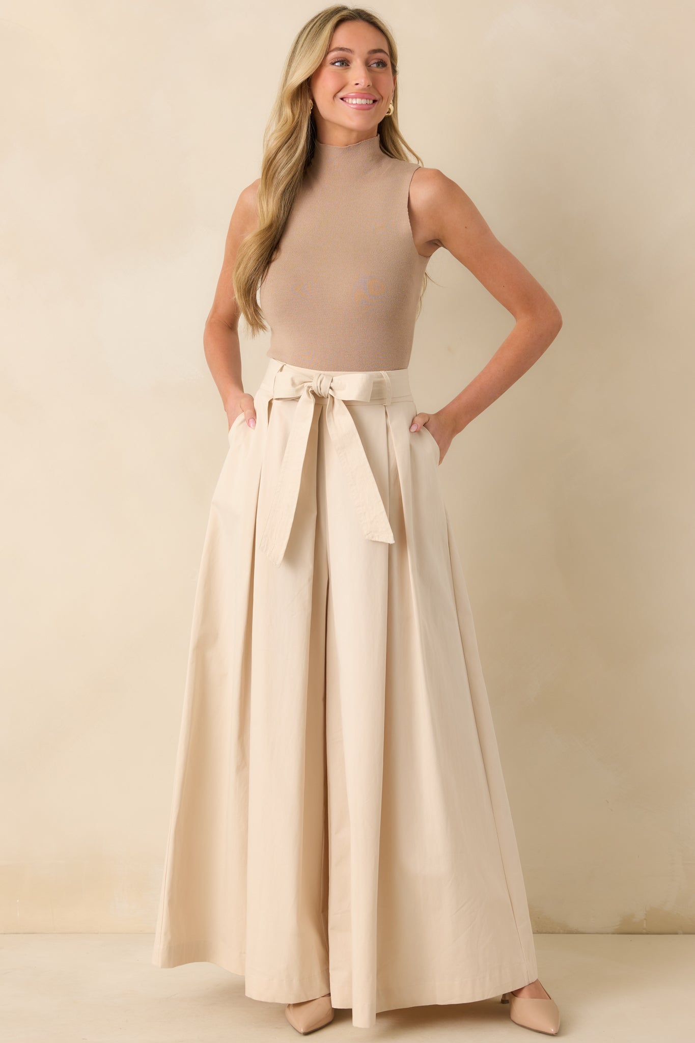 Ecru Cotton Belted Palazzo Pants - All Bottoms | Red Dress