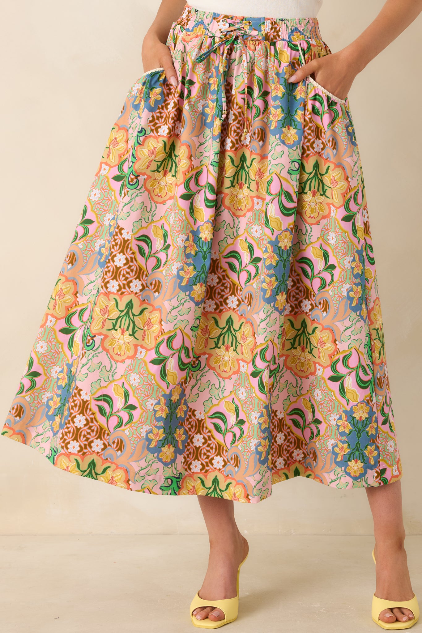 定価以下24th deres Floren floating wrapskirt Red Dress | Pink Multi Floral Cotton Tie-Front Midi Skirt - All