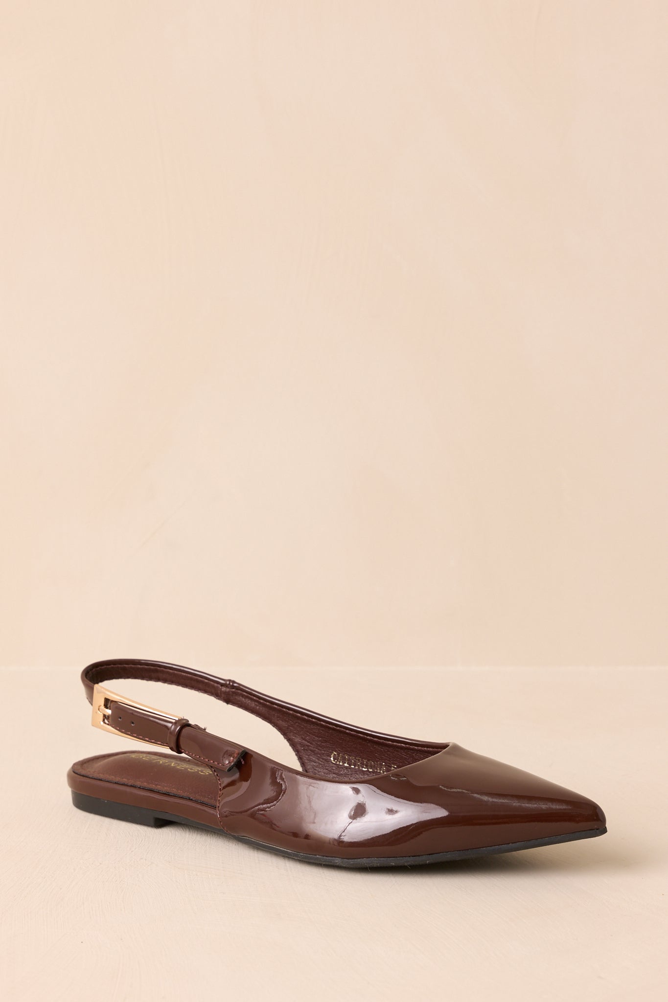 Side view of dark brown flats focusing on the gold buckle and sleek patent leather texture.