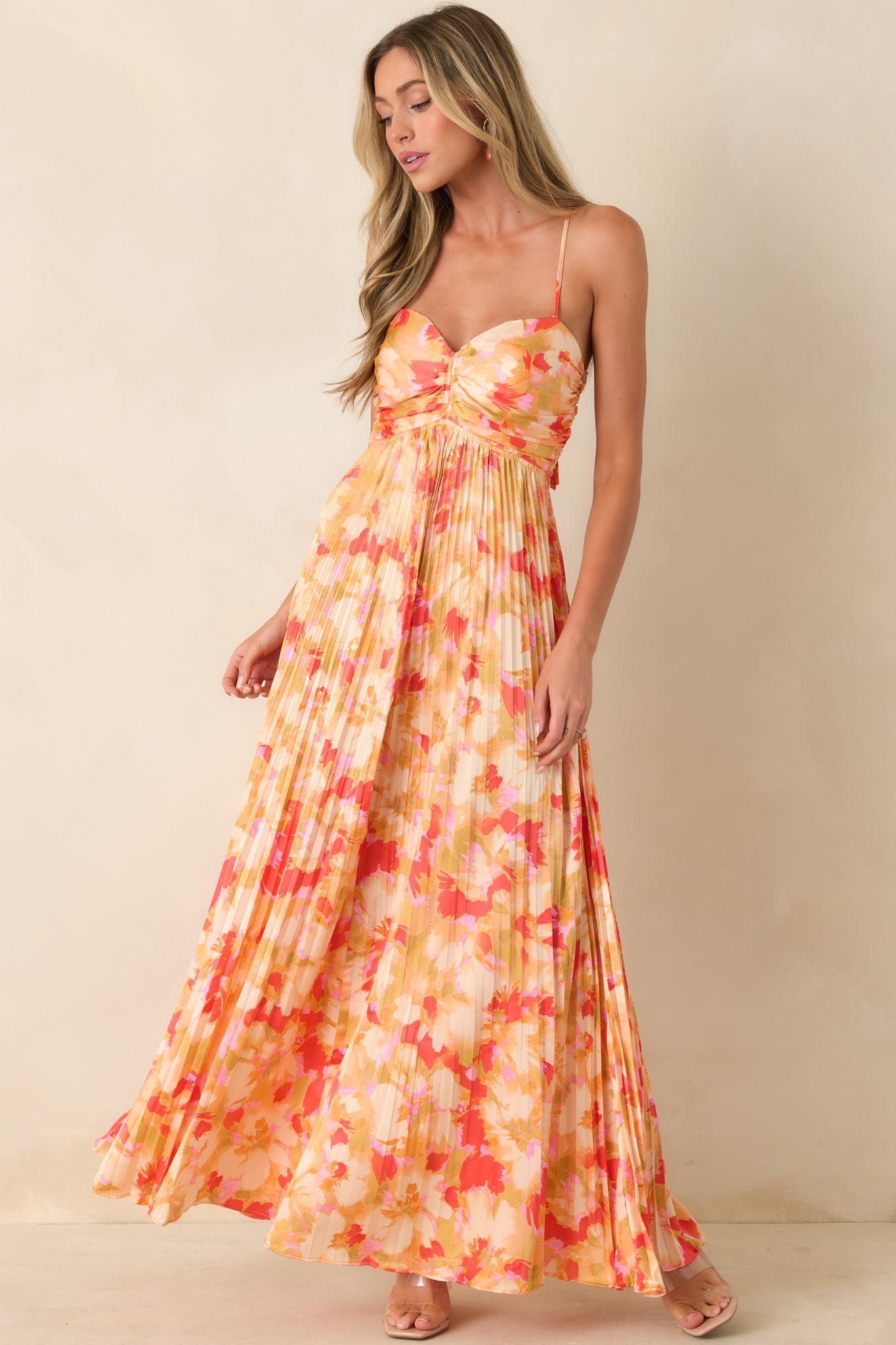 Painted in Sunshine Peach & Red Multi Satin Finish Pleated Maxi Dress Painted in Sunshine Peach & Red Multi Satin Finish Pleated Maxi Dress