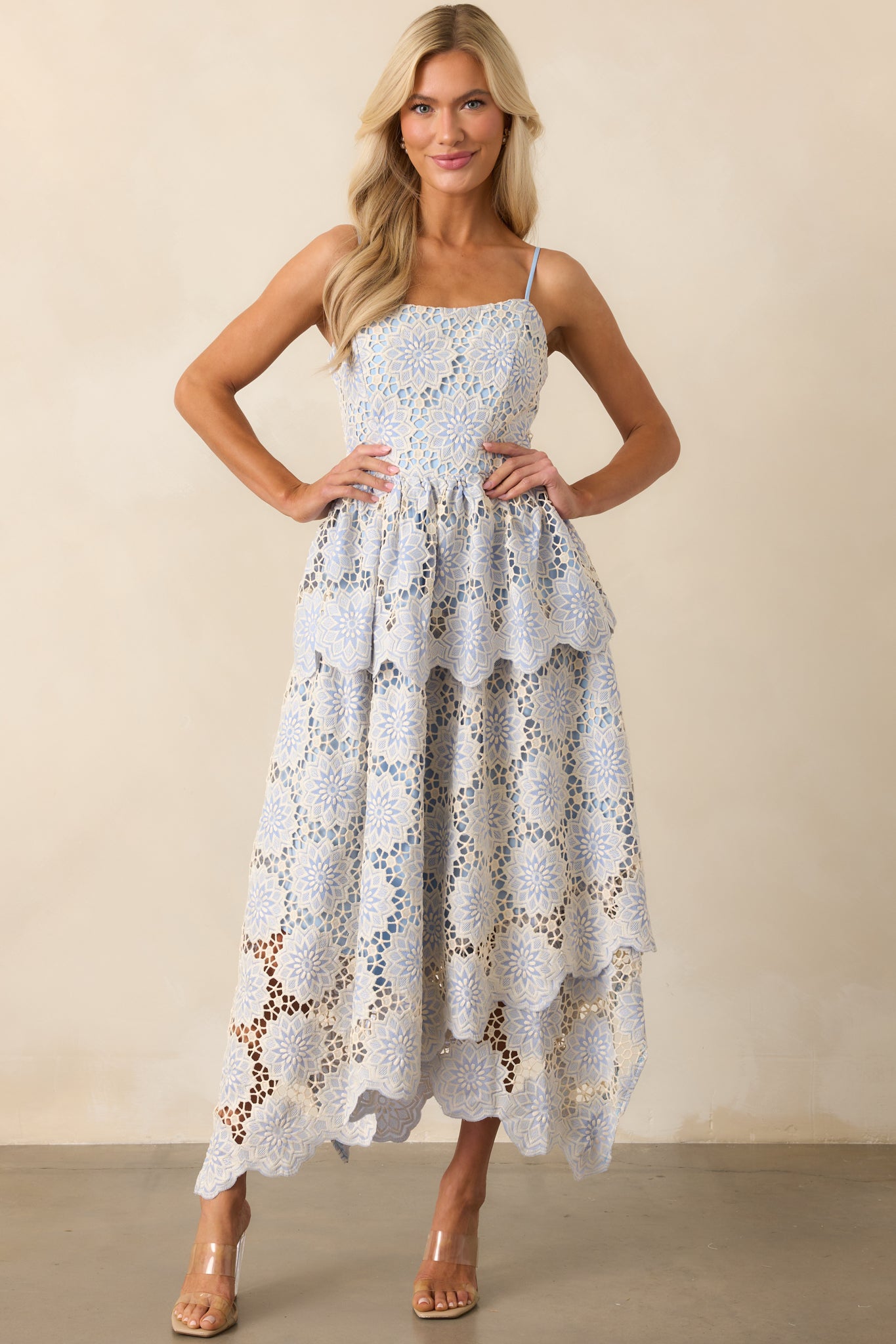 Sky blue dress displayed from the front, highlighting the intricate embroidered eyelet pattern and flattering tiered silhouette.
