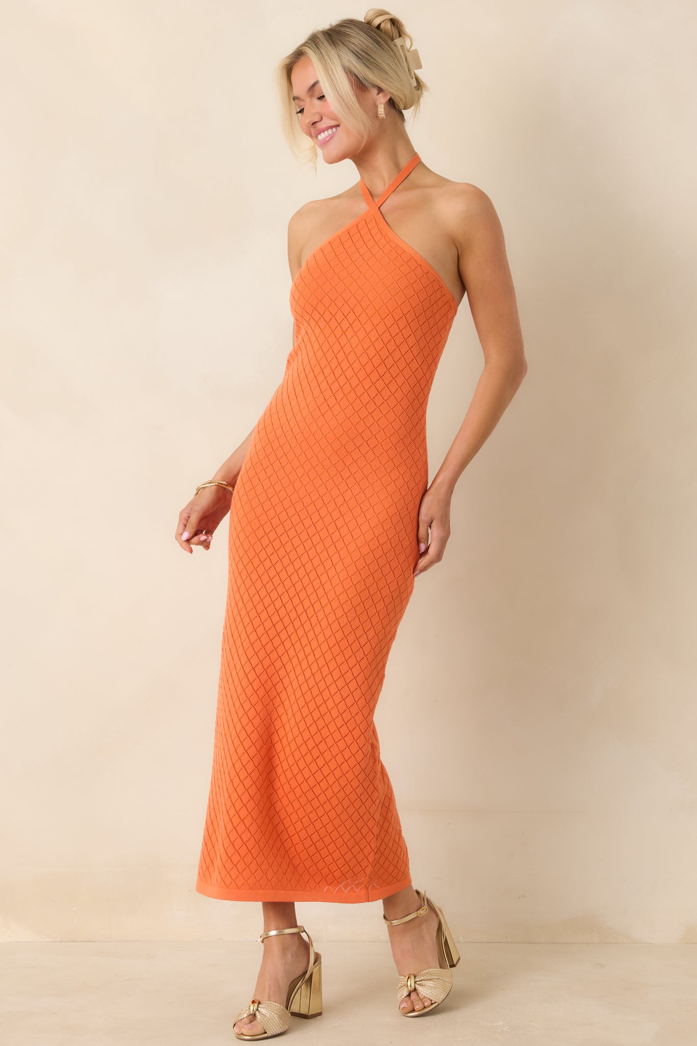 Women's Causing a Heatwave Orange Textured Diamond Knit Halter Midi Dress | Size: S