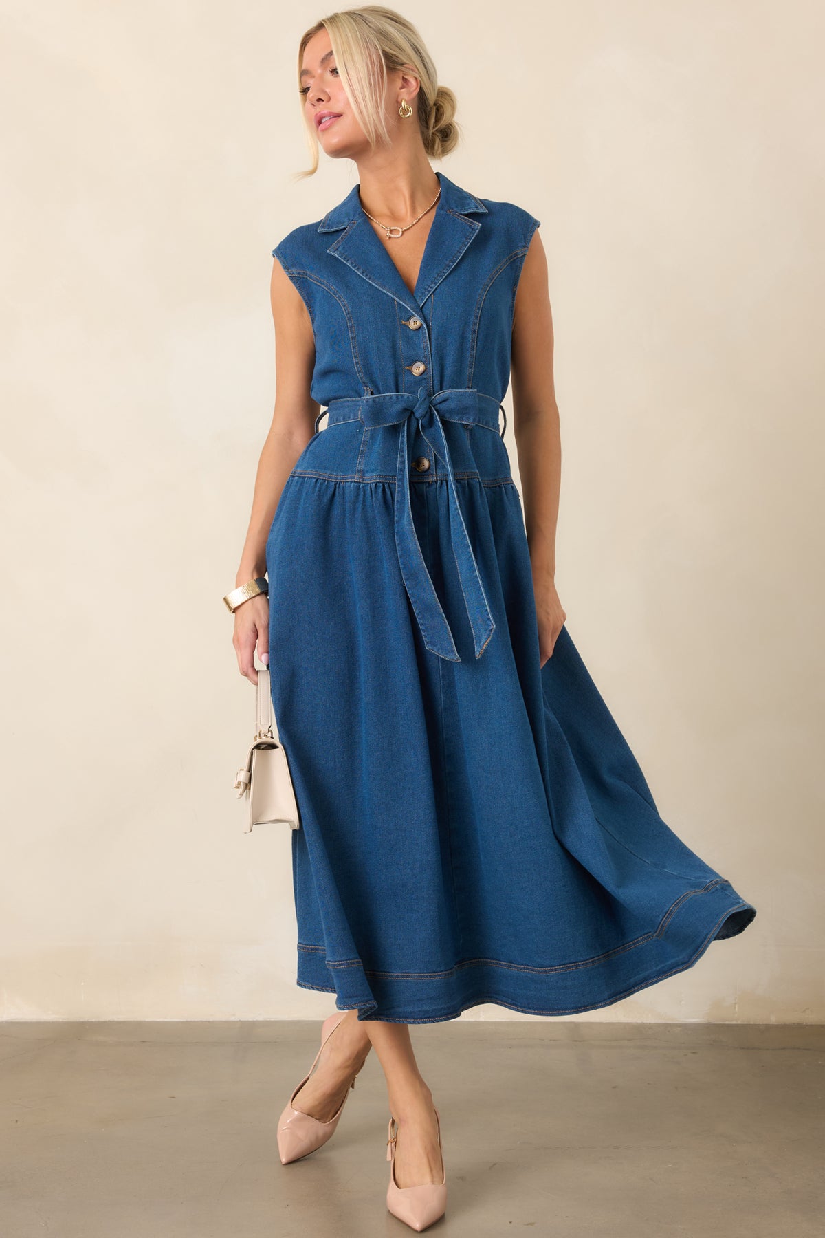 structured denim dress Women's I'm All In Dark Wash Tie-Belt Midi | Size: L A modern take on Style:Dress + Jacket Vintage Y2K Denim Dress 20250314PATRICKS