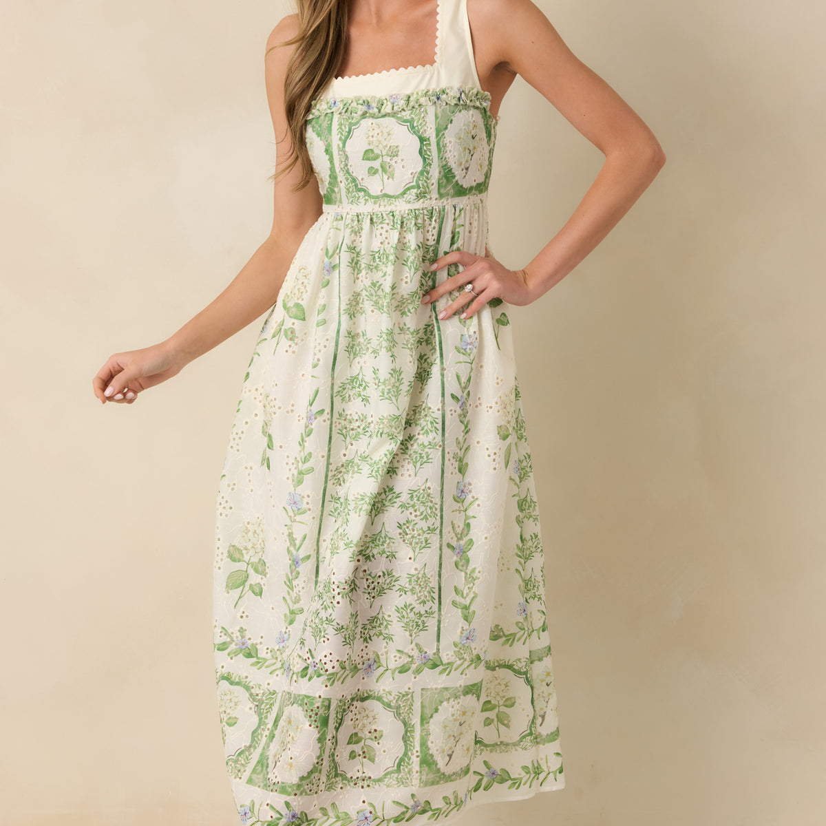 Ivory & Green Floral Eyelet Sleeveless Maxi Dress - All Dresses