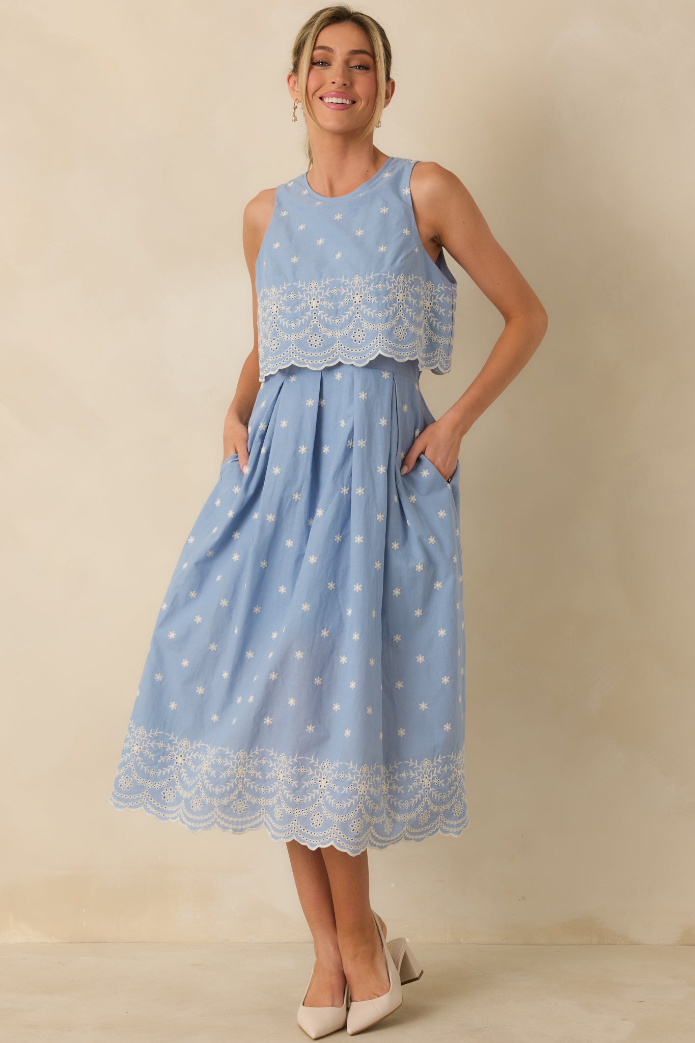 Light Blue Cotton Scallop Lace Embroidered Midi Dress - All Dresses | Red Dress Light Blue Cotton Scallop Lace Embroidered Midi Dress - All Dresses | Red Dress