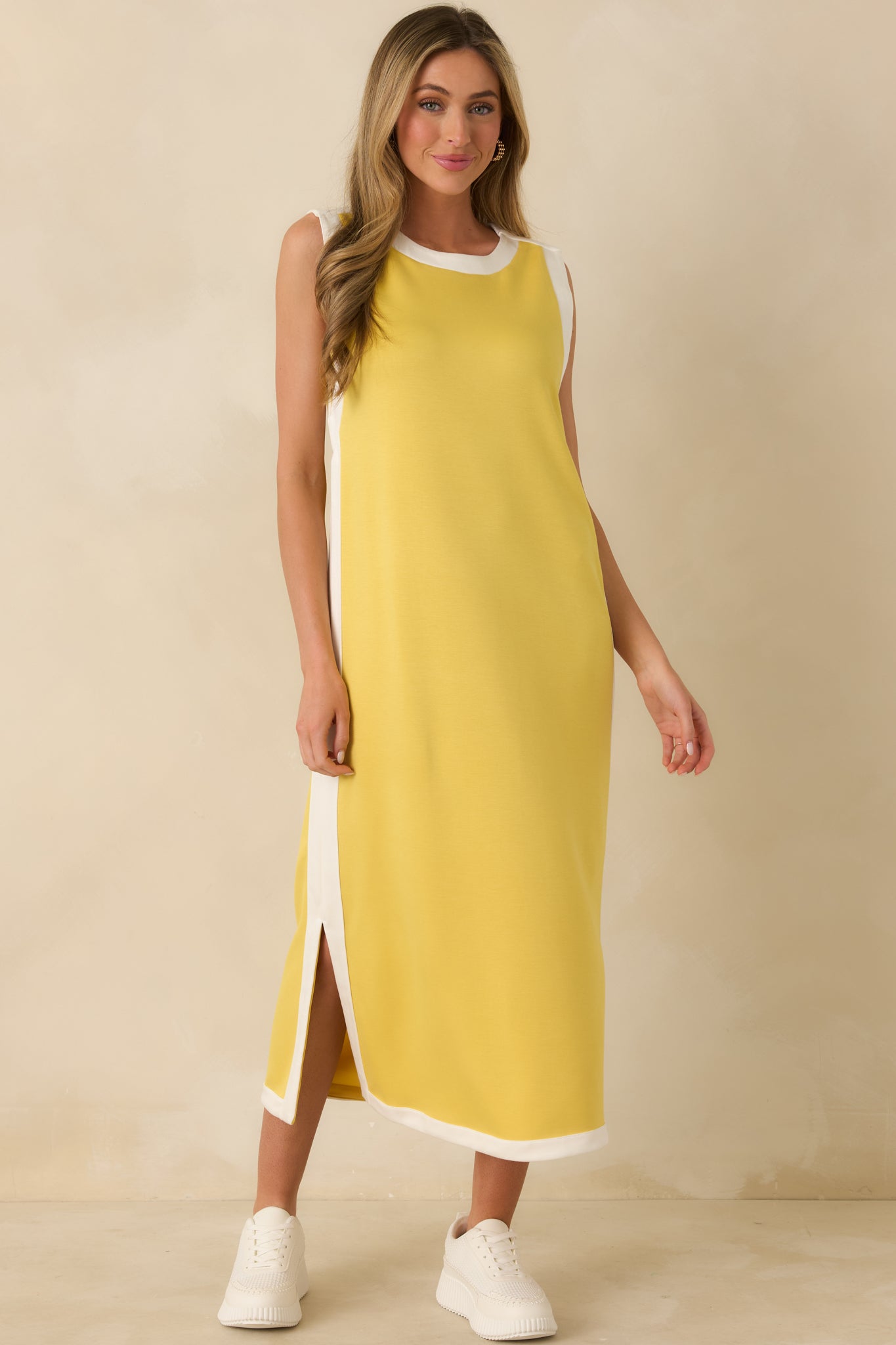 fitted lace wedding dress Perfectly Framed Yellow Jersey Knit Contrast Trim Sleeveless Maxi Dress