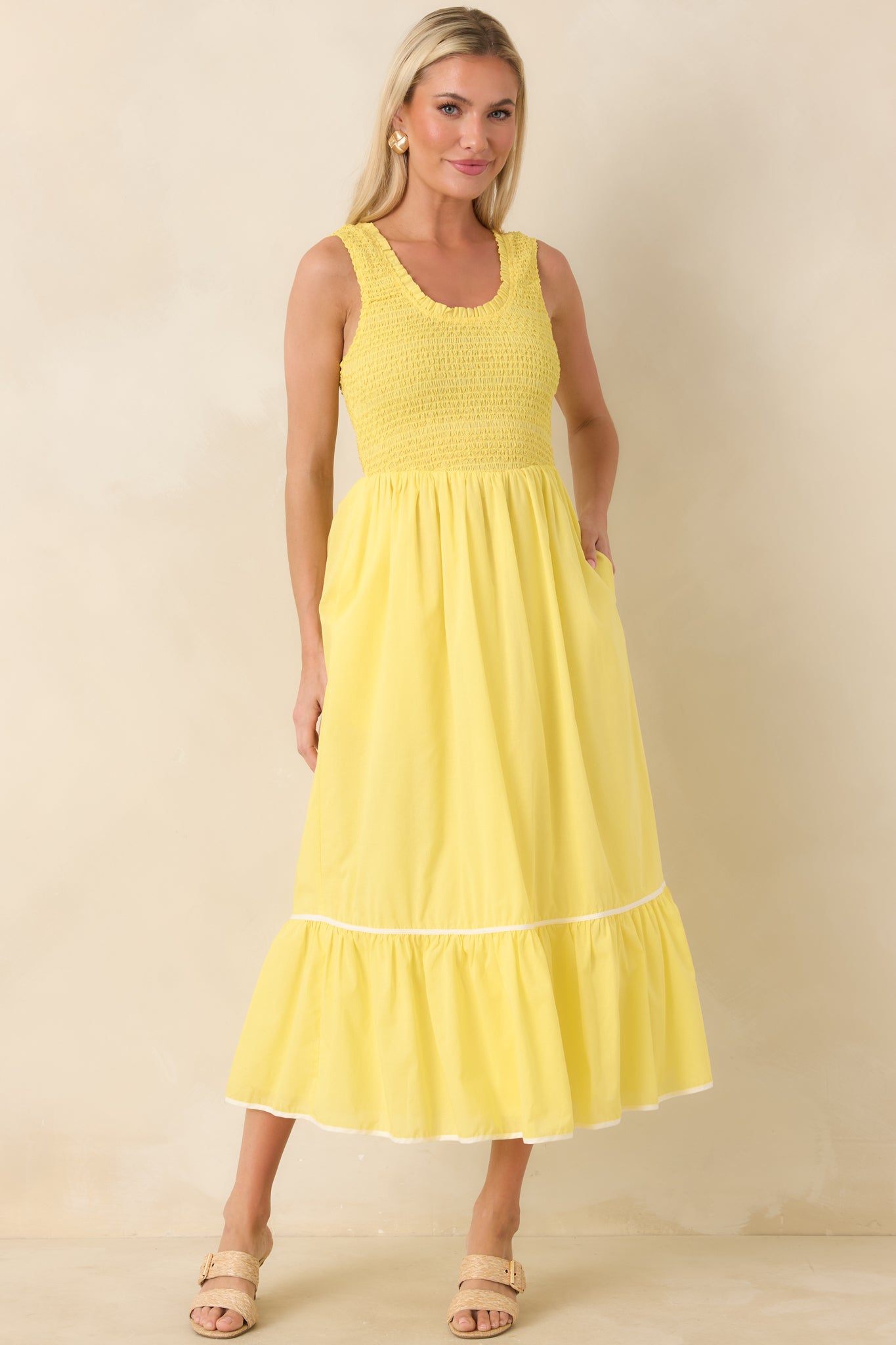 Todays the Day Yellow Textured Cotton Tiered Midi Dress Todays the Day Yellow Textured Cotton Tiered Midi Dress