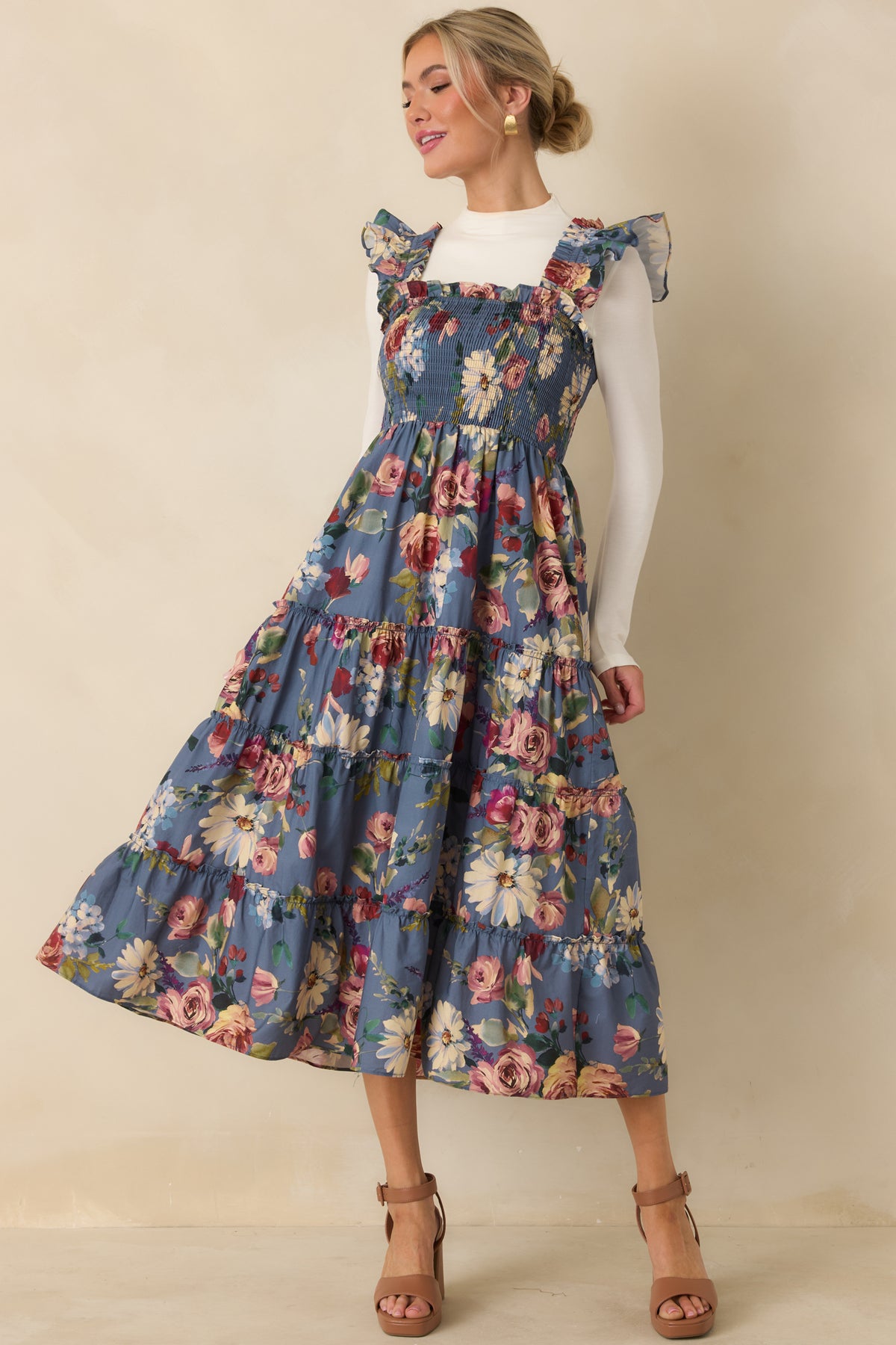 Smocked floral midi dress with a square neckline, ruffled shoulder straps, fitted upper bodice, and generously tiered skirt.
