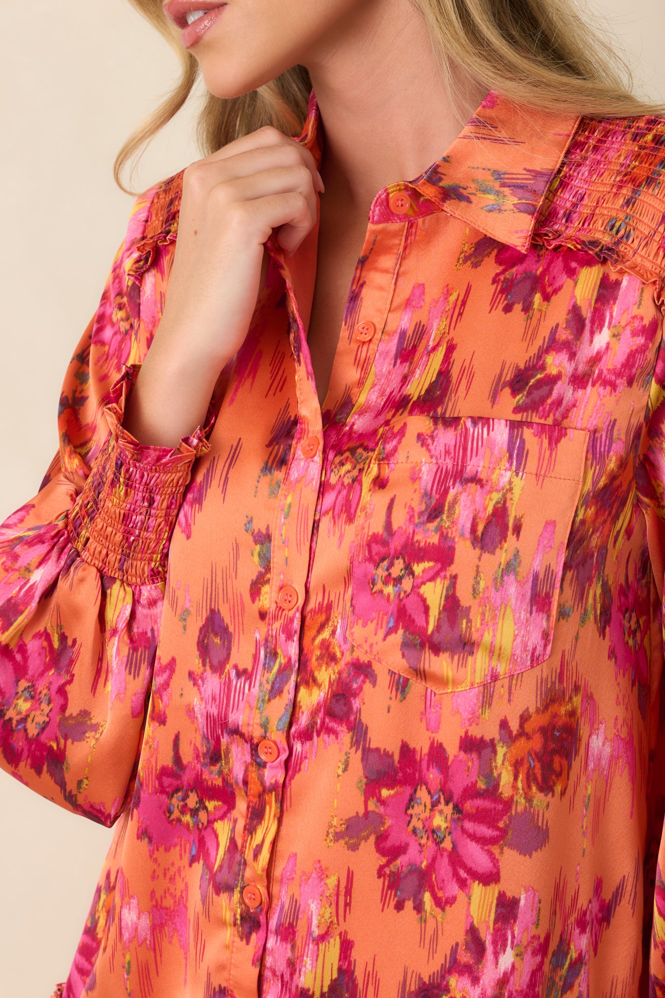 Close-up of the smooth polyester satin fabric, highlighting its subtle sheen, soft drape, and refined texture.