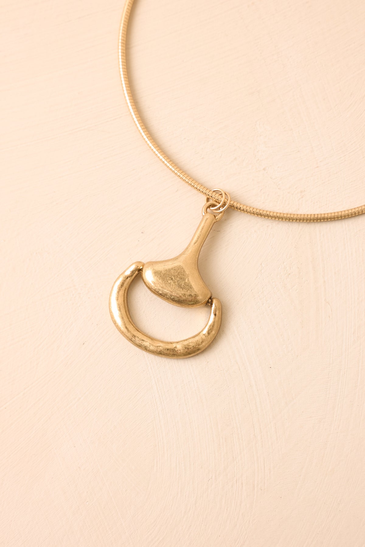 Sleek snake chain necklace featuring a sculptural horsebit-inspired pendant with a textured, organic finish.