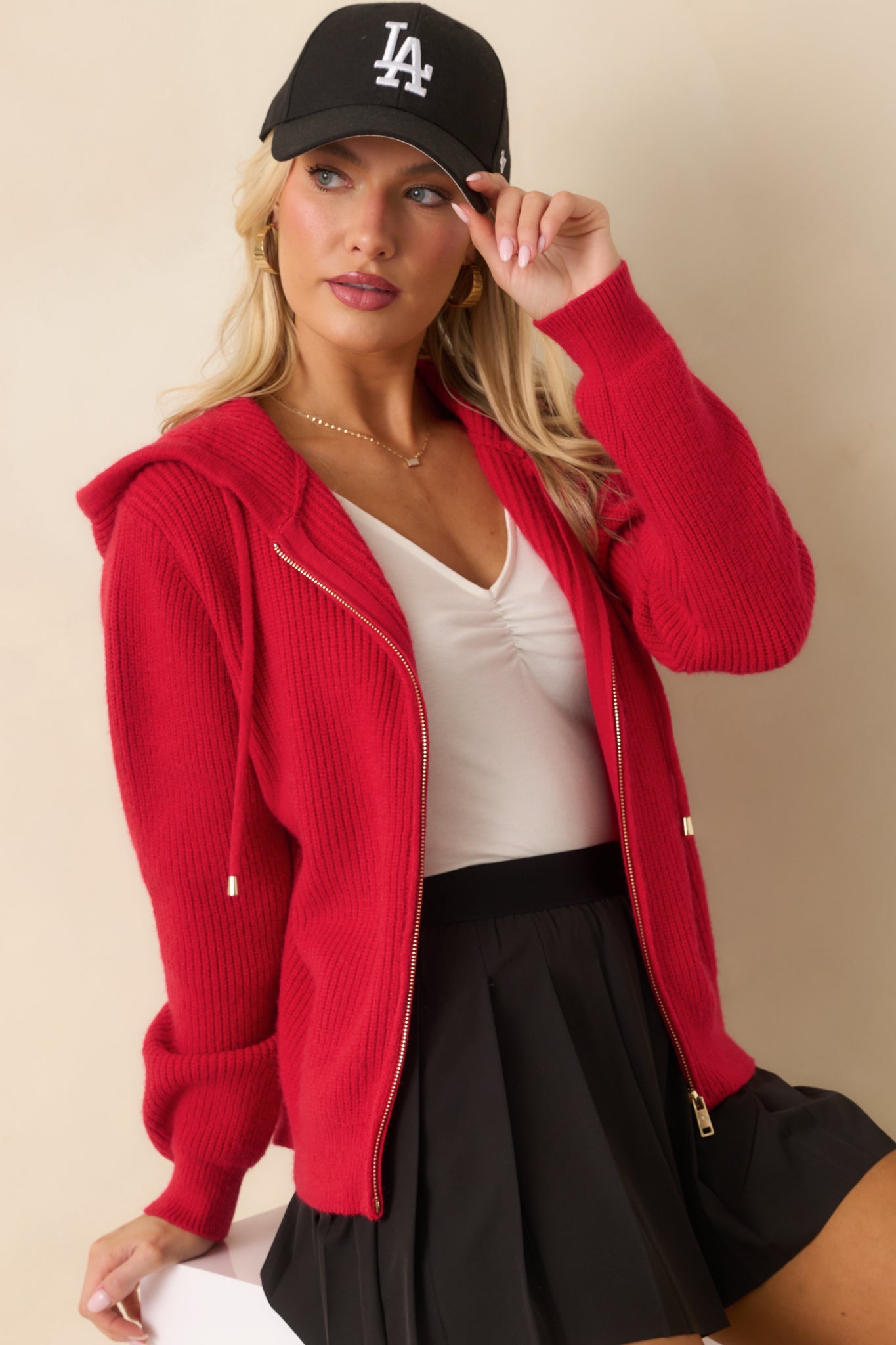 Red Ribbed Knit Long Sleeve Zip Up Hoodie - All Outerwear | Red Dress
