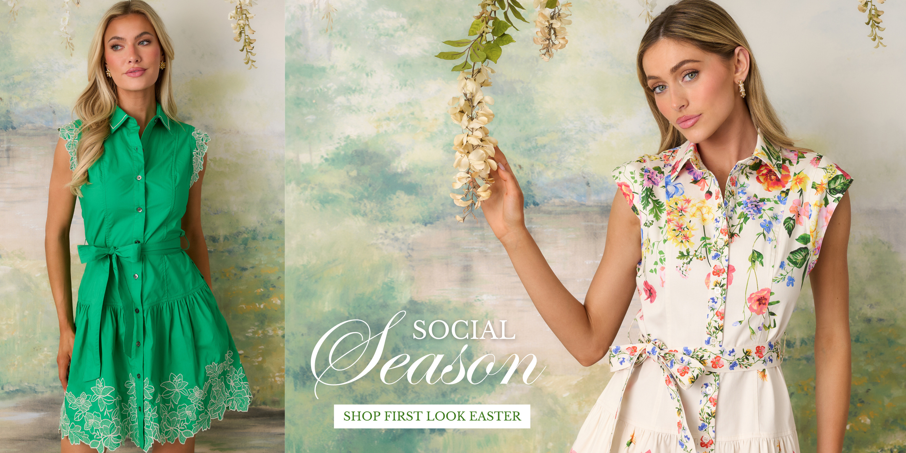 Models wearing a green lace shirt dress and a cream floral sleeveless belted dress against a soft pastel garden backdrop, promoting Red Dress Social Season Easter first-look collection.