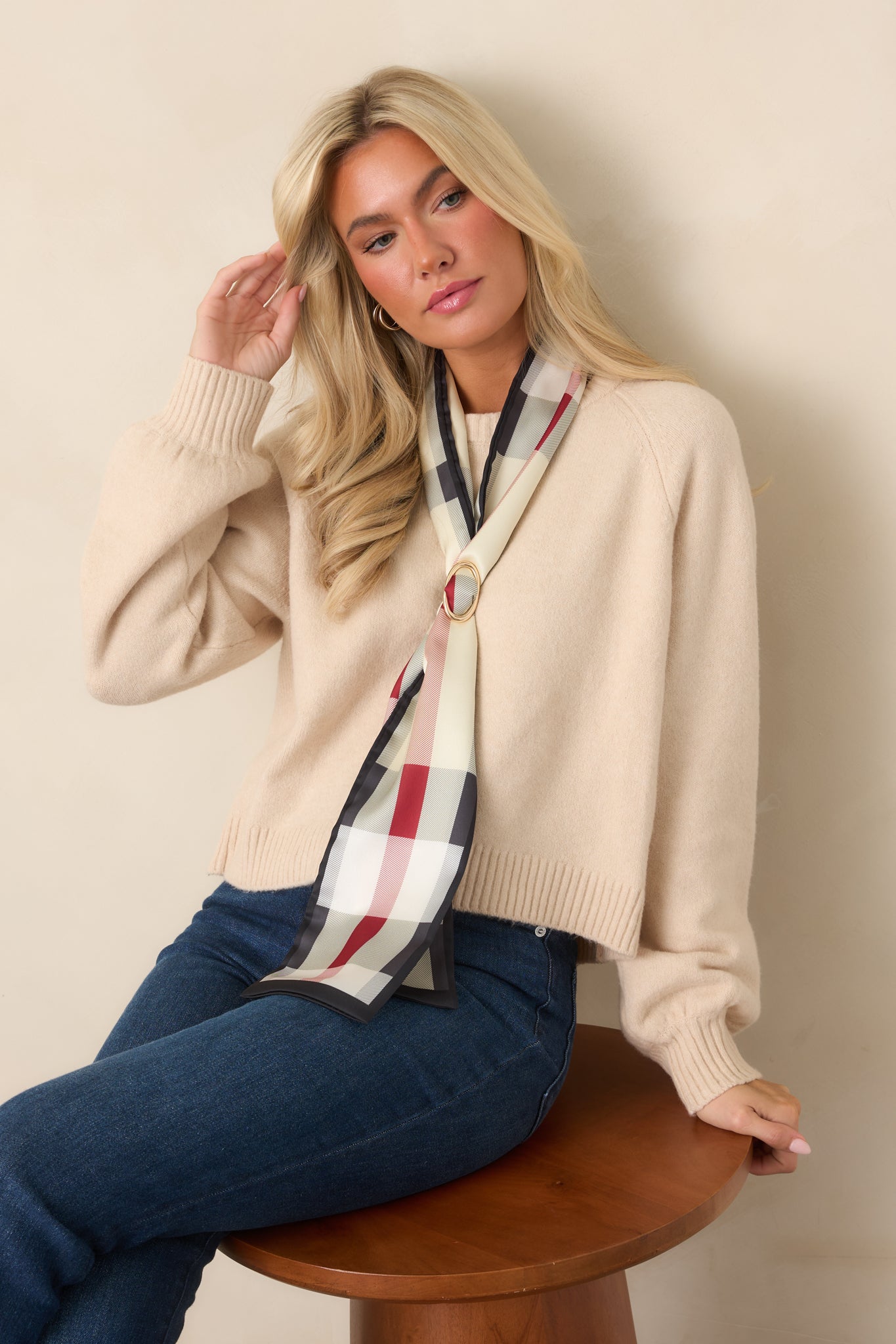 Soft ecru knit top featuring a plush texture, classic crew neckline, raglan-style long sleeves, and a slightly cropped silhouette with ribbed trim.