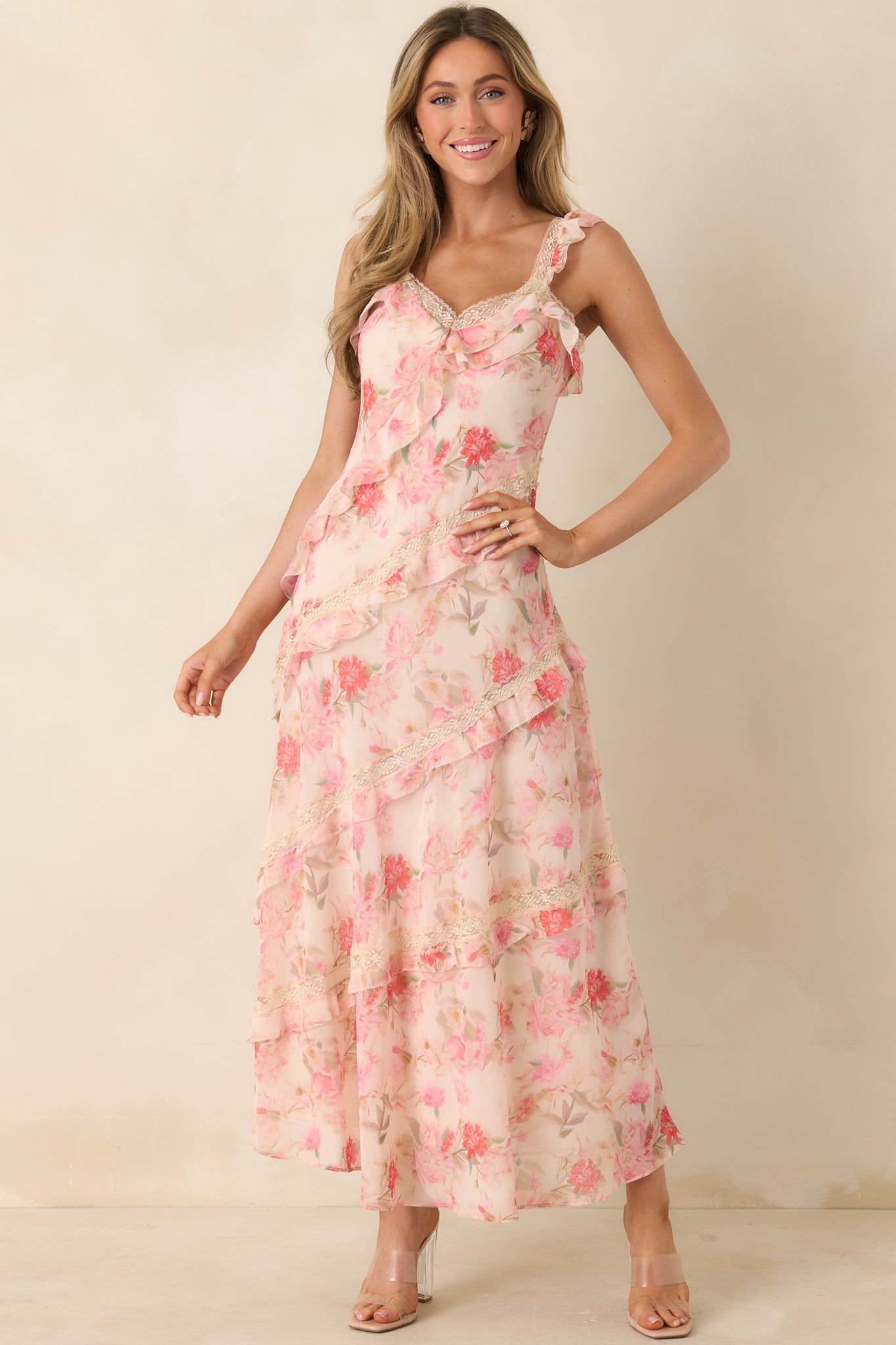 Women's Yours Always Coral Pink Floral Lace & Ruffle Trim Midi Dress | Color: Light Pink | Size: S | Red Dress Women's Yours Always Coral Pink Floral Lace & Ruffle Trim Midi Dress | Color: Light Pink | Size: S | Red Dress
