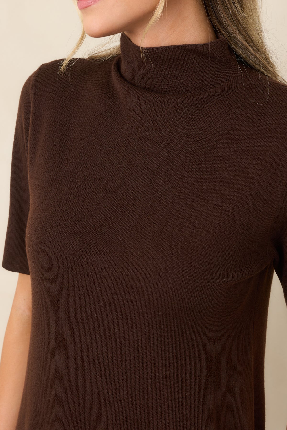 Soft knit top detail highlighting the high turtleneck neckline and smooth knit construction.