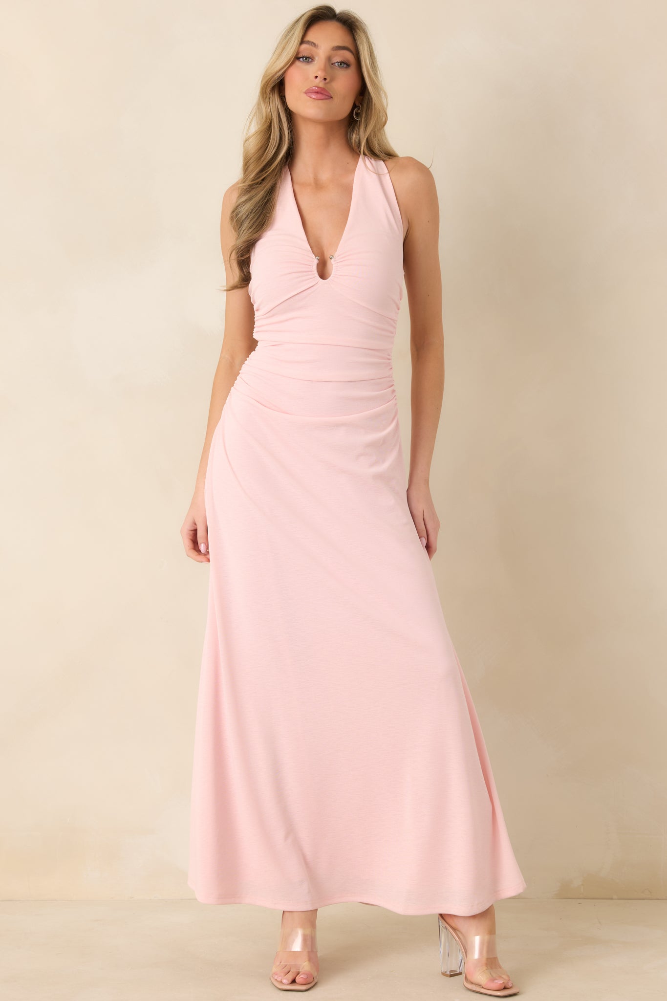 Pink Halter Neck Ruched Midi Dress XS / Soft Pink Pink Halter Neck Ruched Midi Dress XS / Soft Pink